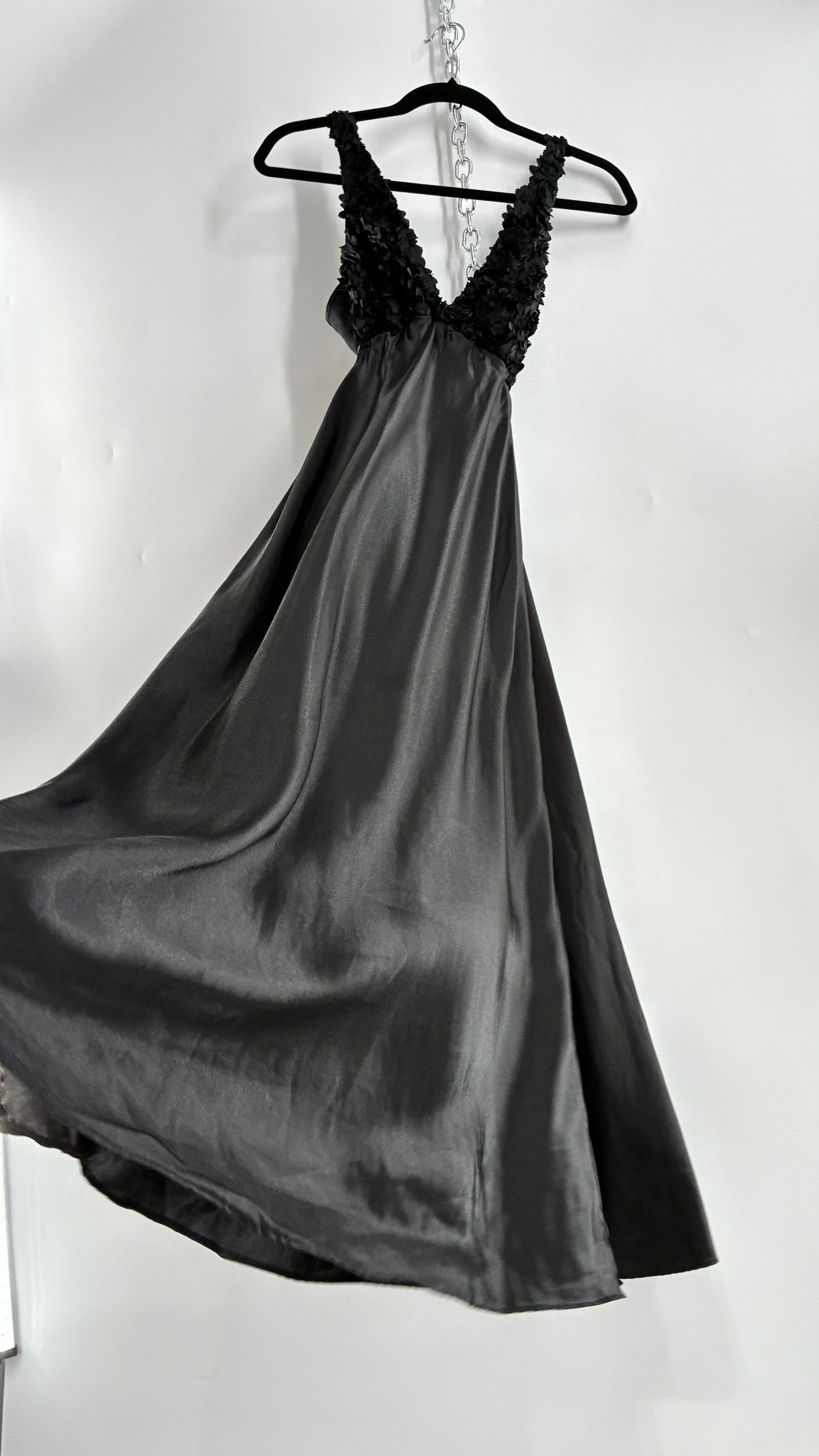 Vintage FLORA Black Slip Gown with Textured Floral Bust (Small)