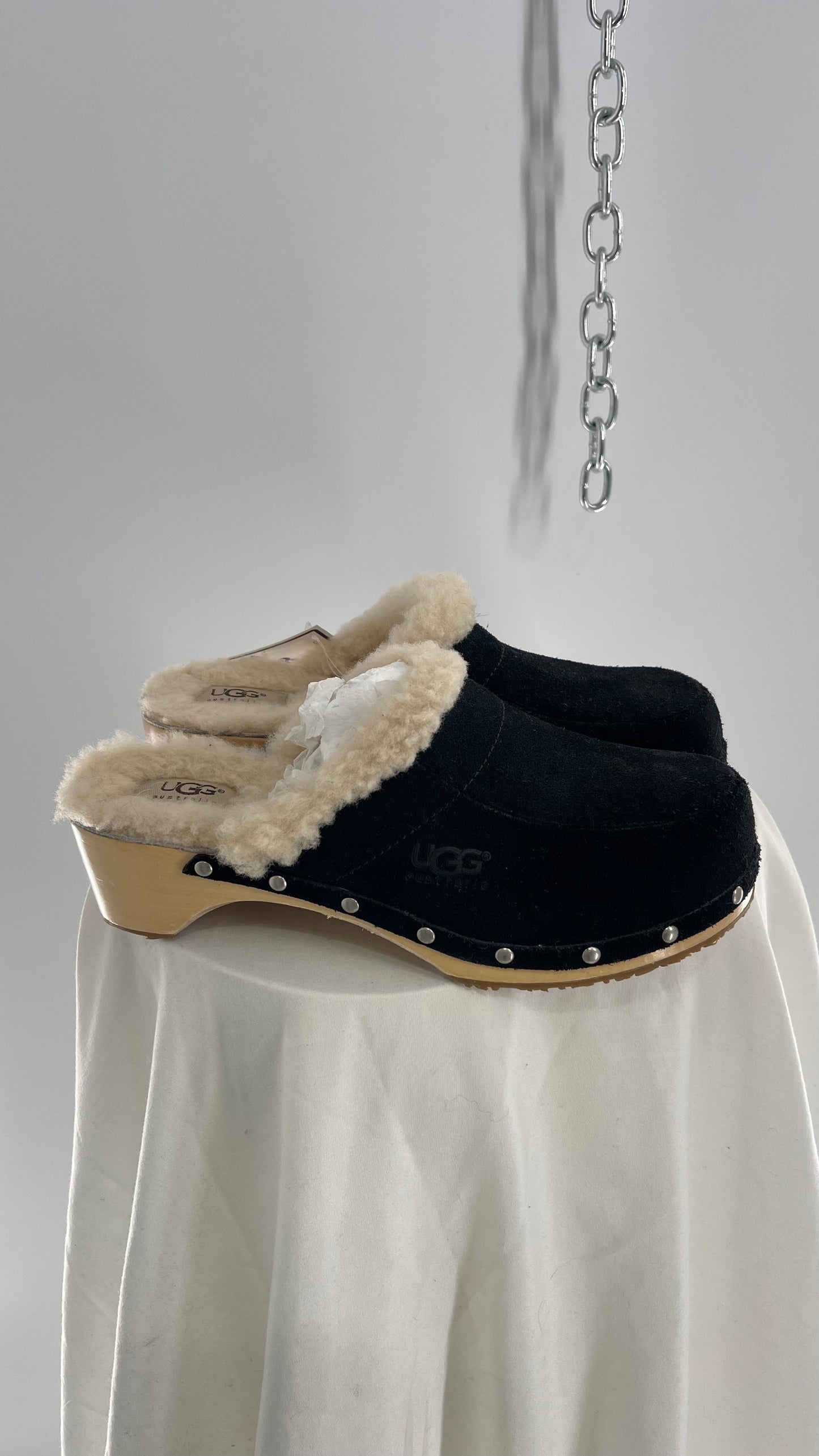 UGG Vintage Side Studded Black Suede Fur Lined Wooden Clog (8)