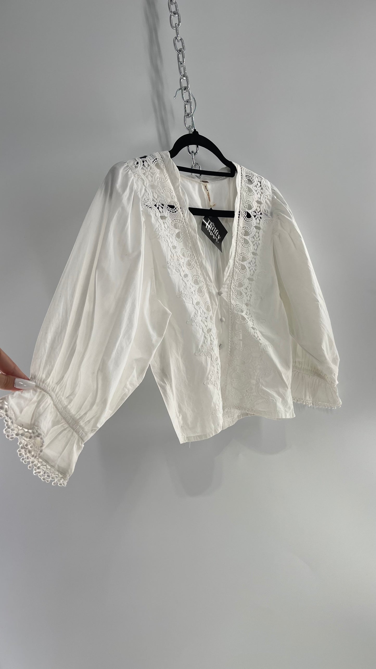 Free People White Puff Sleeve Prairie Blouse with Lace Details (Small)