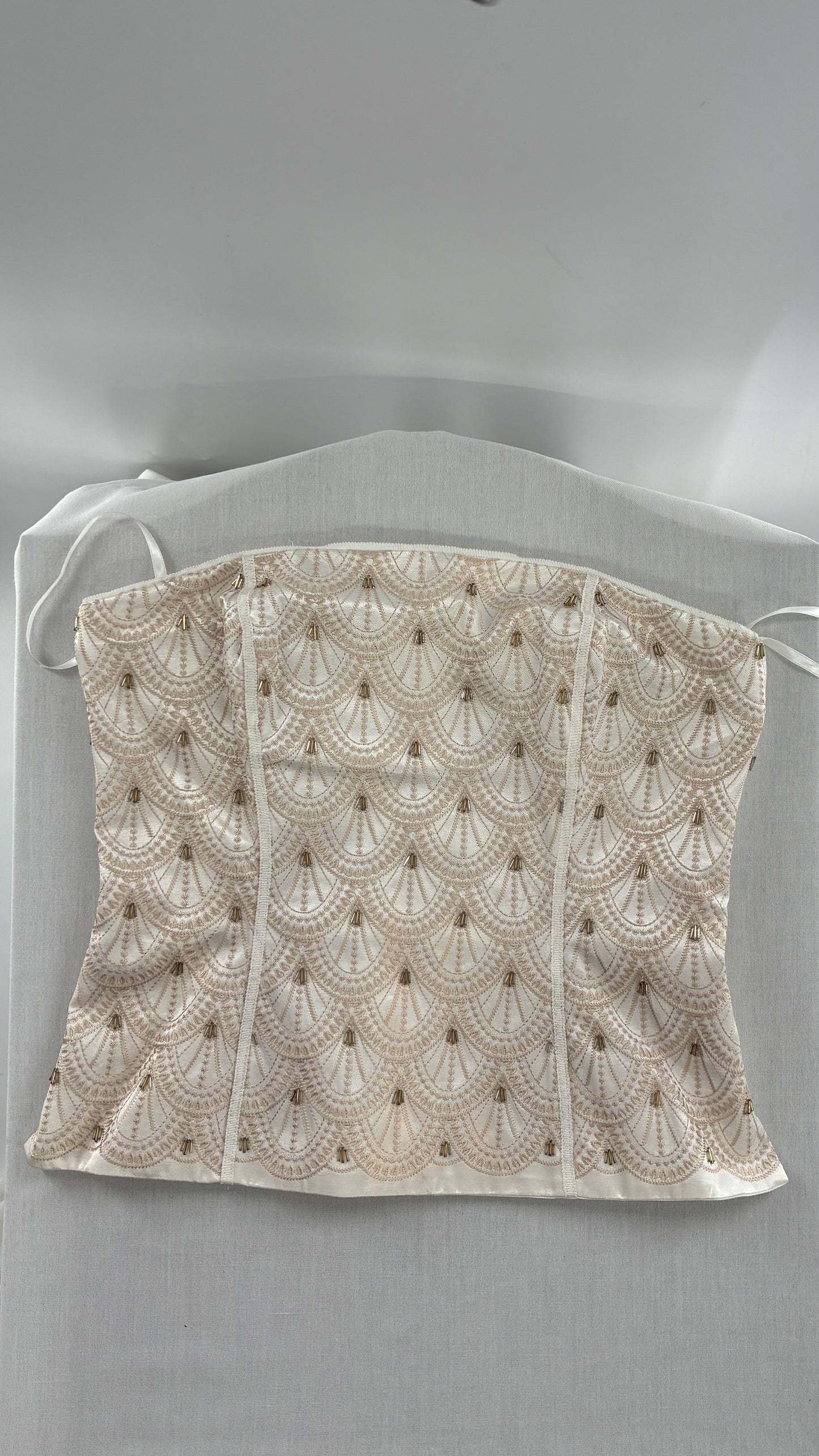 Vintage 1990s Corset White House Black Market Ivory Embroidered and Beaded Corset (6)