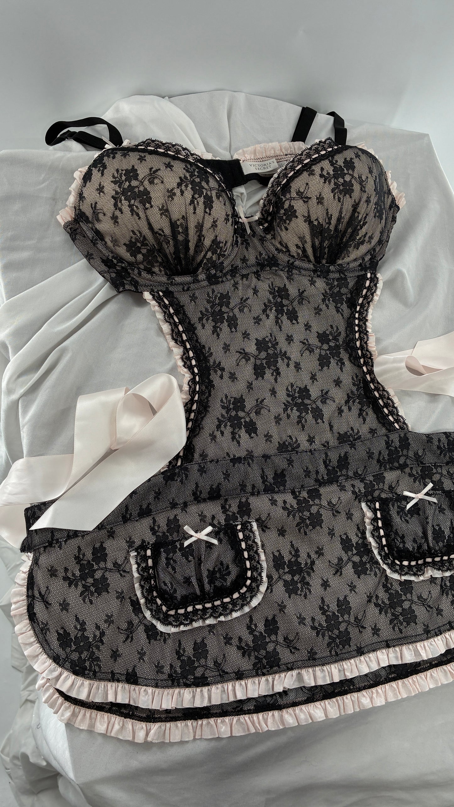 Victoria’s Secret Black Lace Apron Style Camisole Lingerie with Bow Back Ribbon (36D)