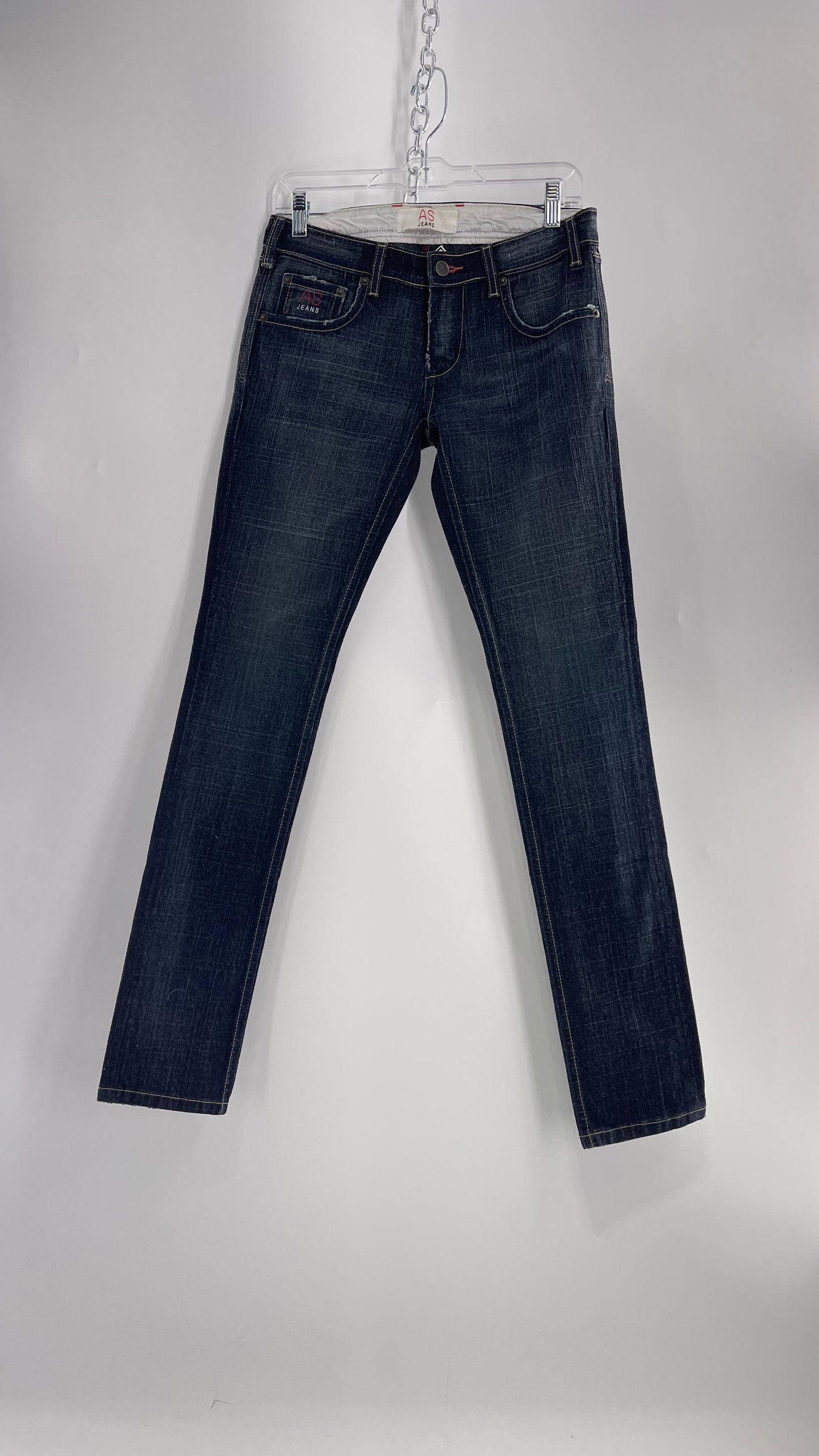 Vintage Smart AS JEANS Dark Wash with Grain and Embroidered/Embellished Kiss Rock Logo (28)