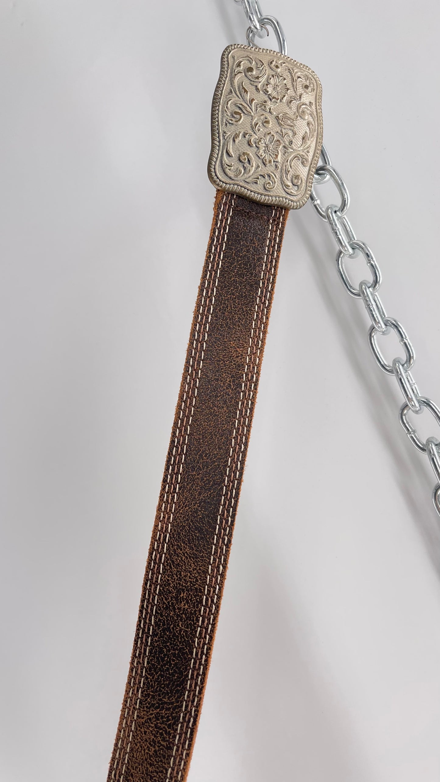 Vintage Belt Shak Brown Leather Belt with Stitching and Embossed Silver Metal Buckle (M)