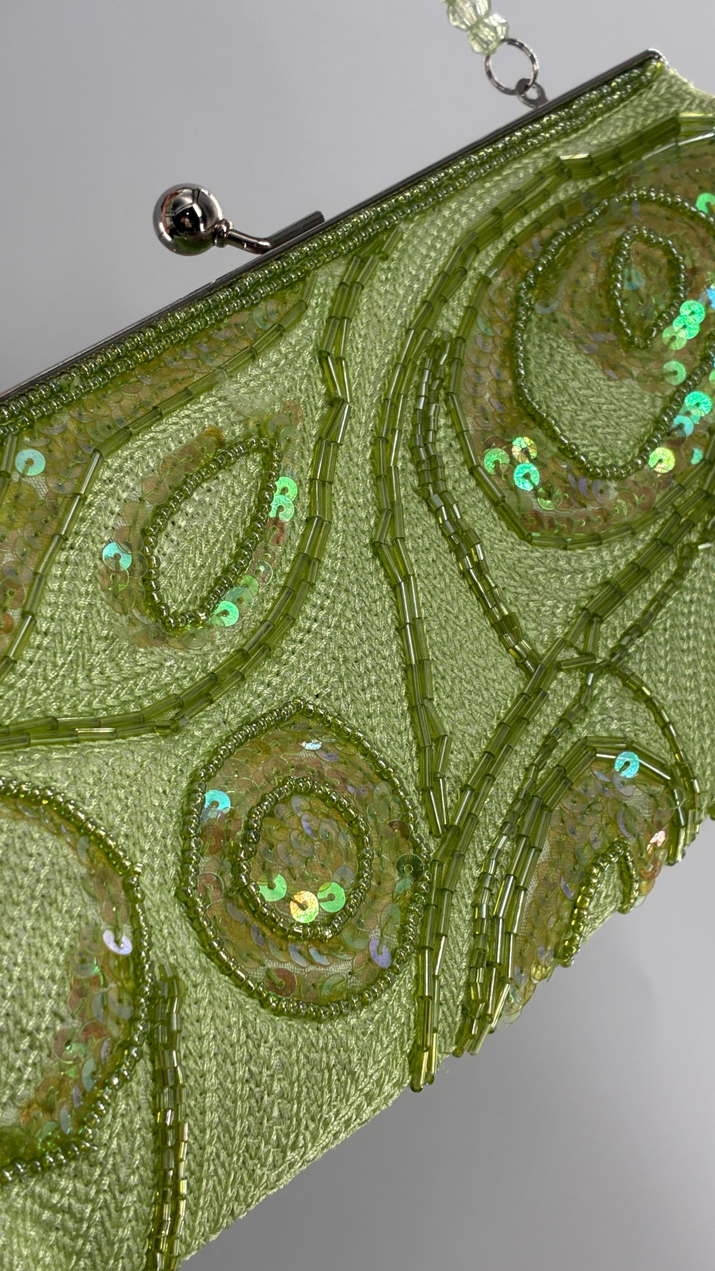 Vintage 1990s Light Green Knit Shoulder Purse with Sequins and Beaded Details