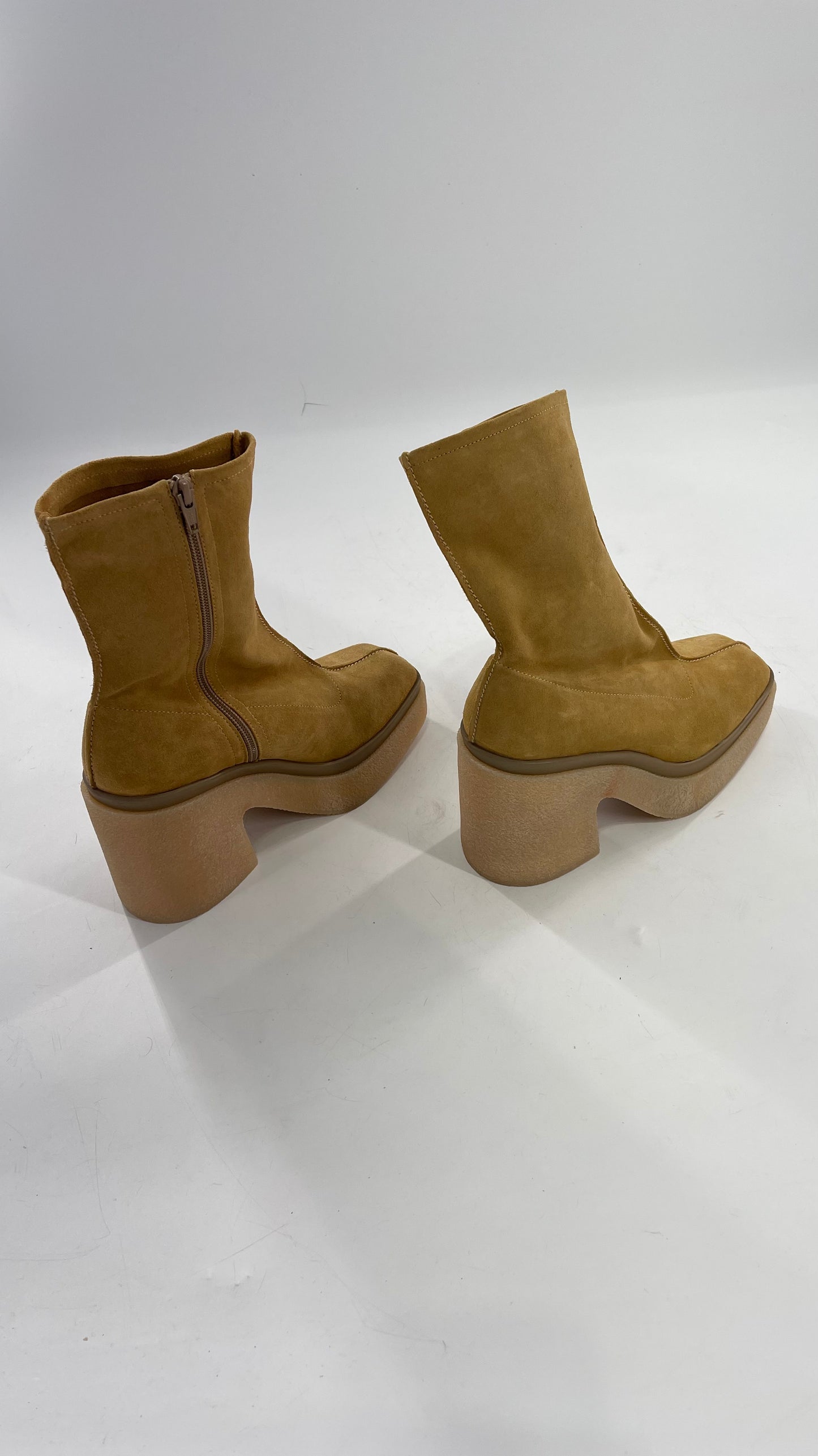 Free People Gigi Tan Suede Ankle Boots with Platform and Chunky Rubber Heel (38.5)