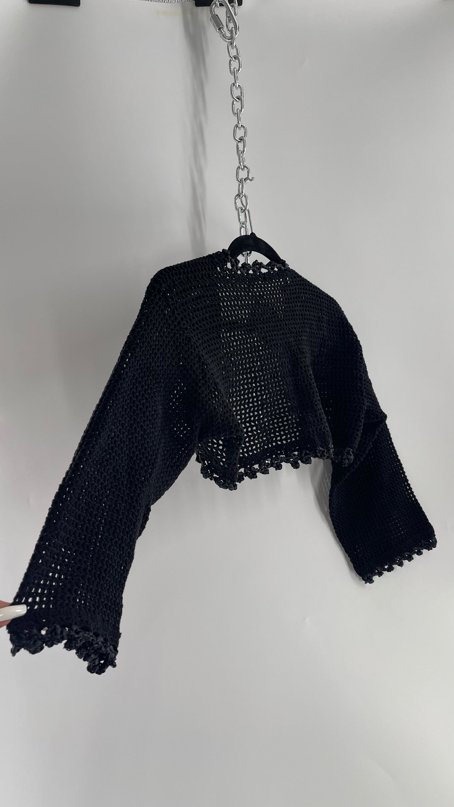Vintage Black Hand Knit Crochet Shrug with Ribbon Detailing (Medium)