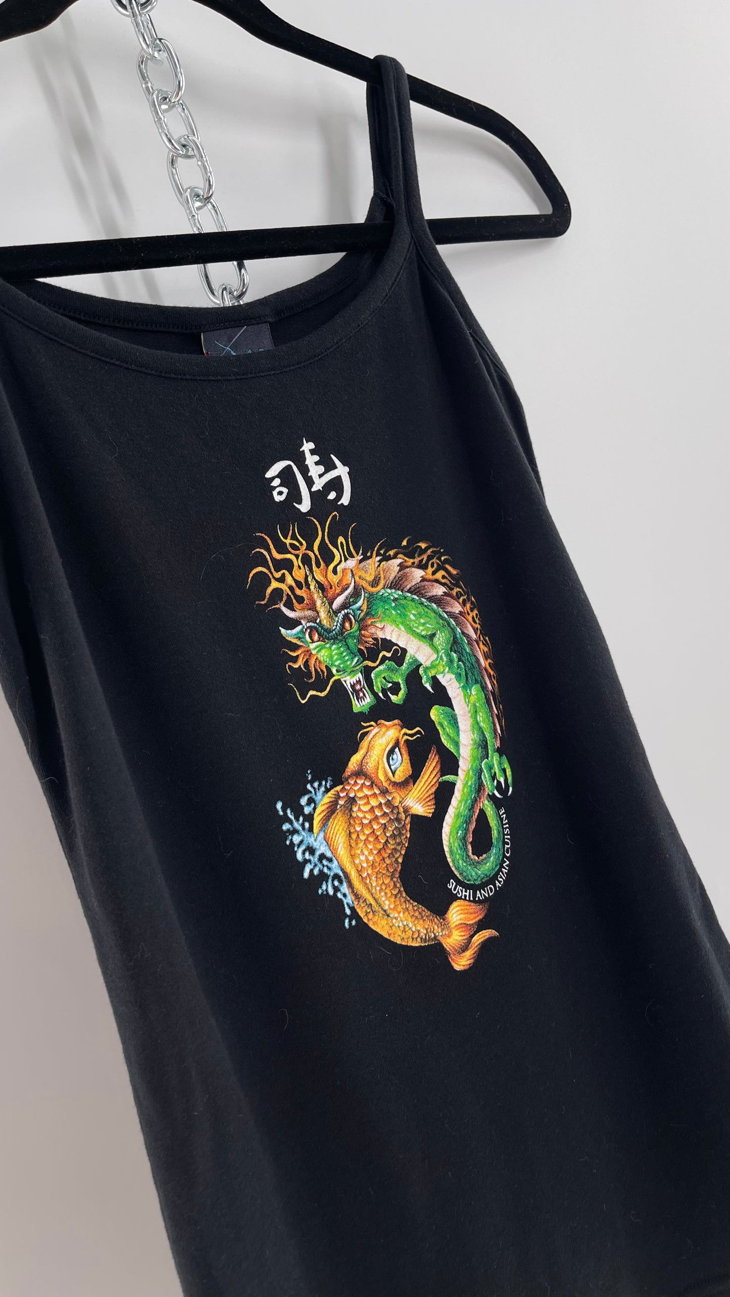 Vintage 90s The Hook Up Black Tank with Dragon and Koi Graphic (Medium)