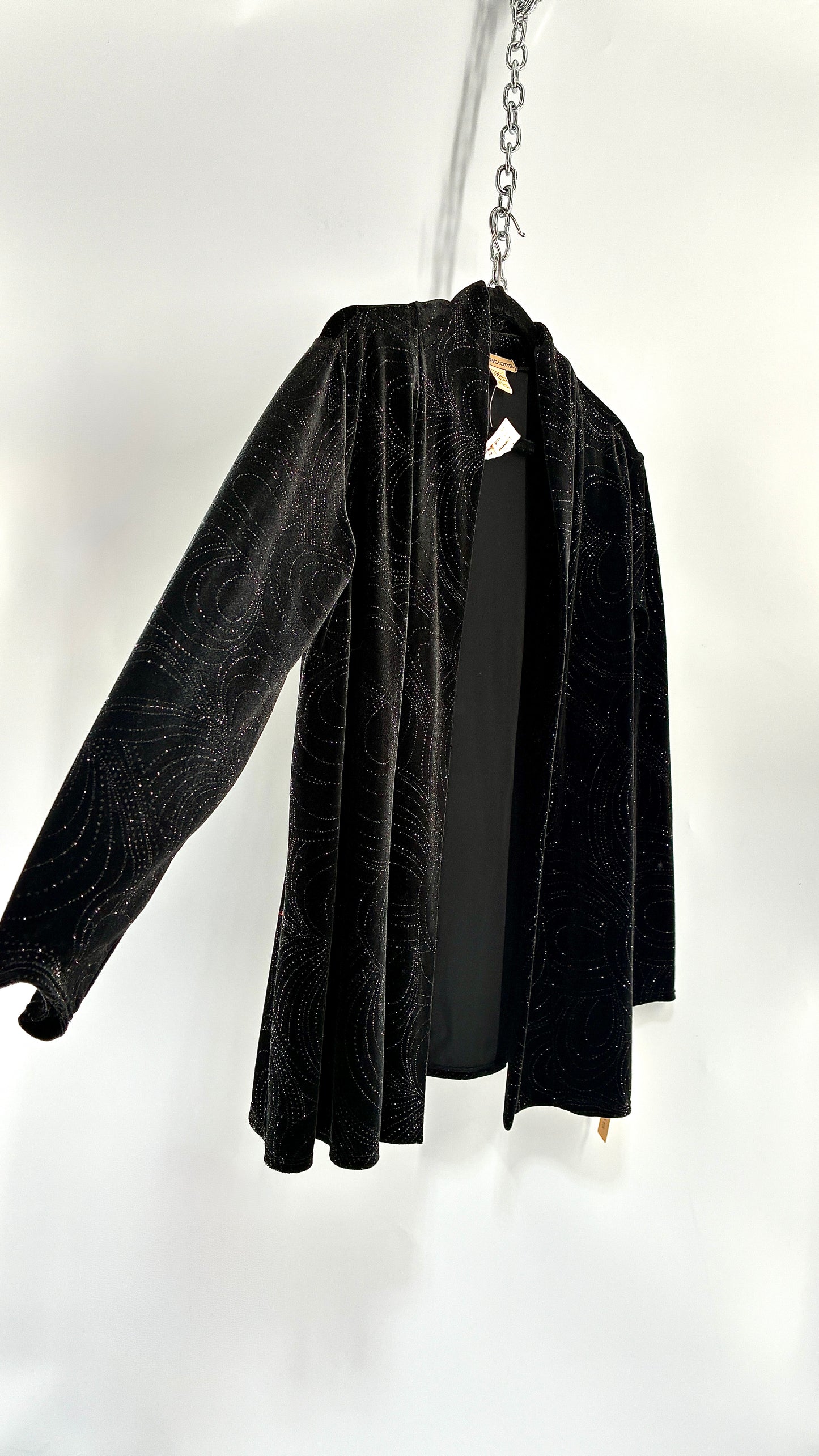 Deadstock Vintage NOTATIONS Black Velvet Glitter Patterned Cardigan (Small)