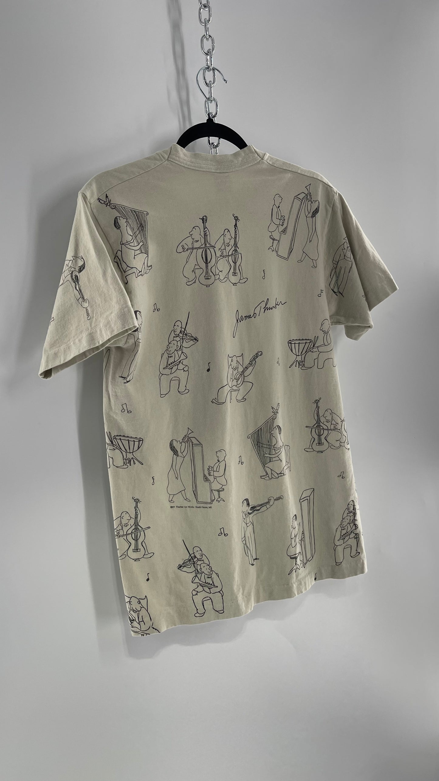 Vintage James Thurber Welcome to the Opera Beige Doodle Comic Sketch T Shirt (M)