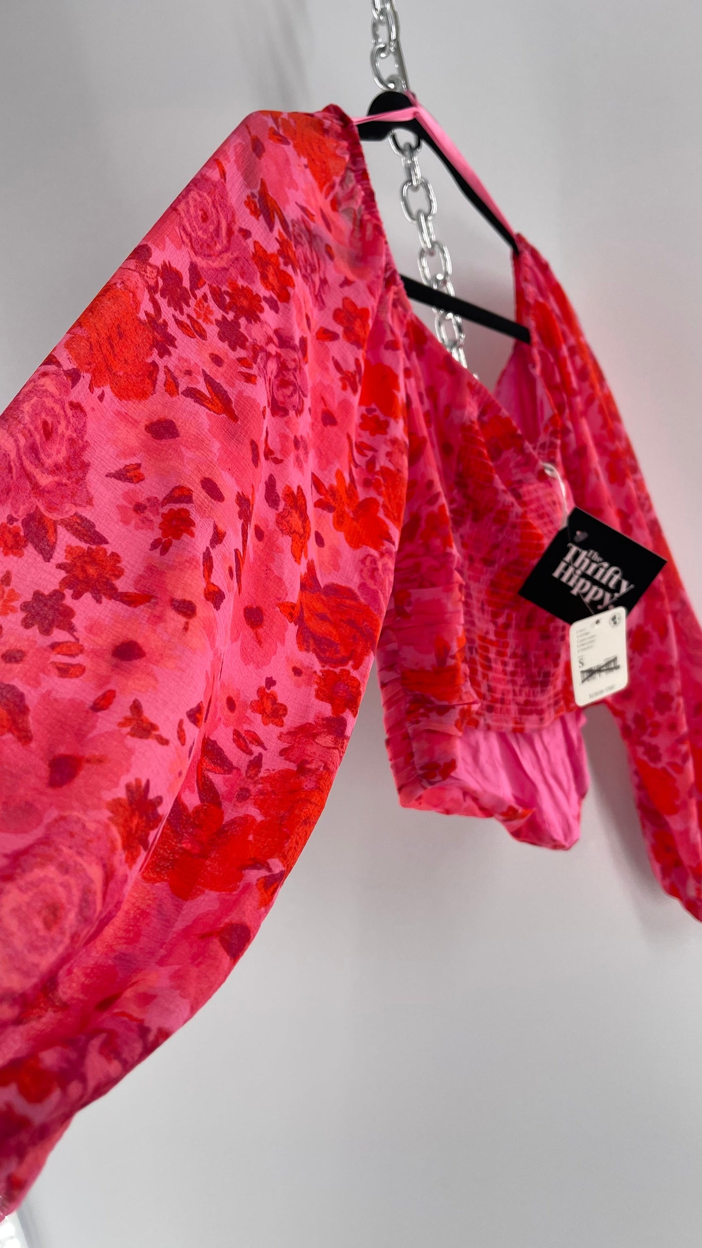 Free People Cropped Floral Blouse with Ruched Body, Balloon Sleeves and Appliqué Rosette Bustline with Tags Attached (XS)