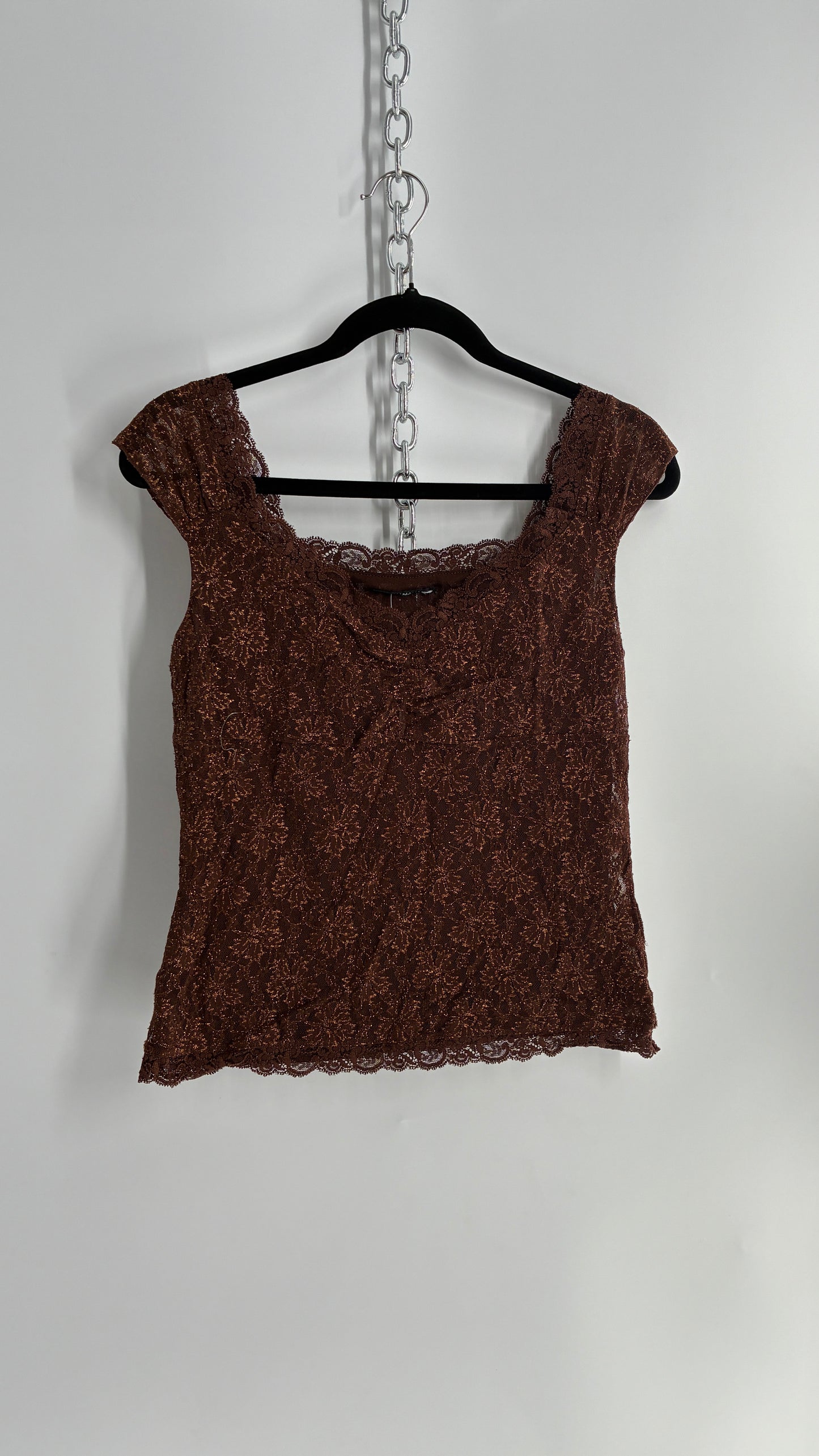 Vintage 1990s Brown Gold Tinsel Lace Straight Neckline Top (M)