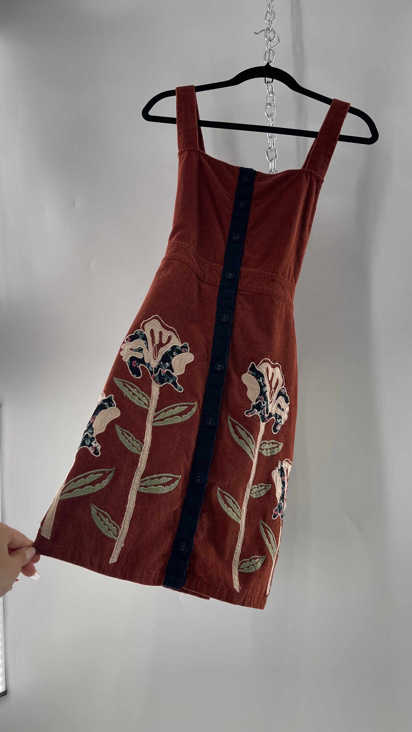 Seen. Worn. Kept. Anthropologie Terracotta Burnt Orange Corduroy Overall Dress with Embroidered Flower Details (S)