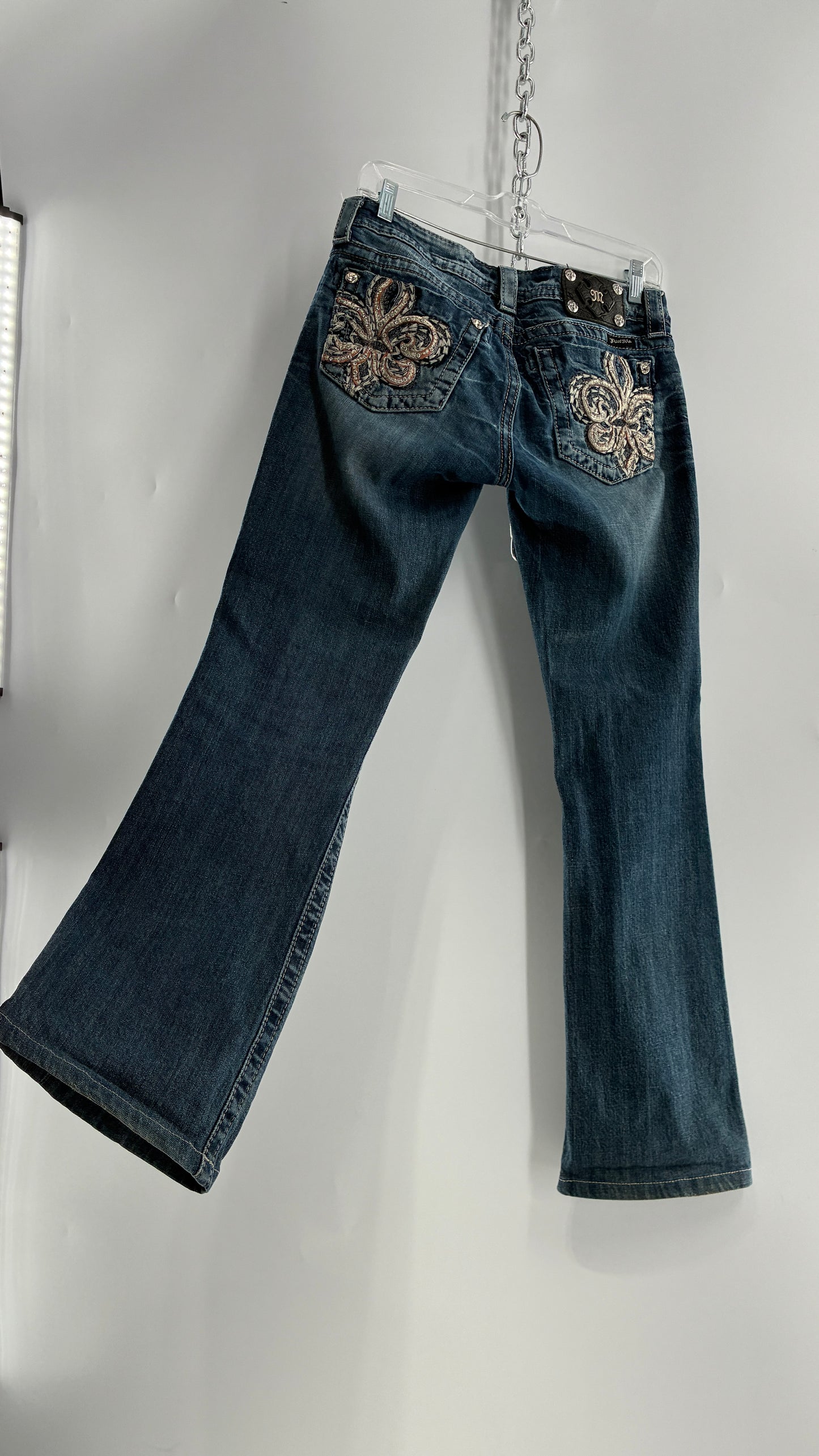 Vintage MISSME Kick Flare Jeans with Embroidered Pockets with Rhinestone Detailing (28)