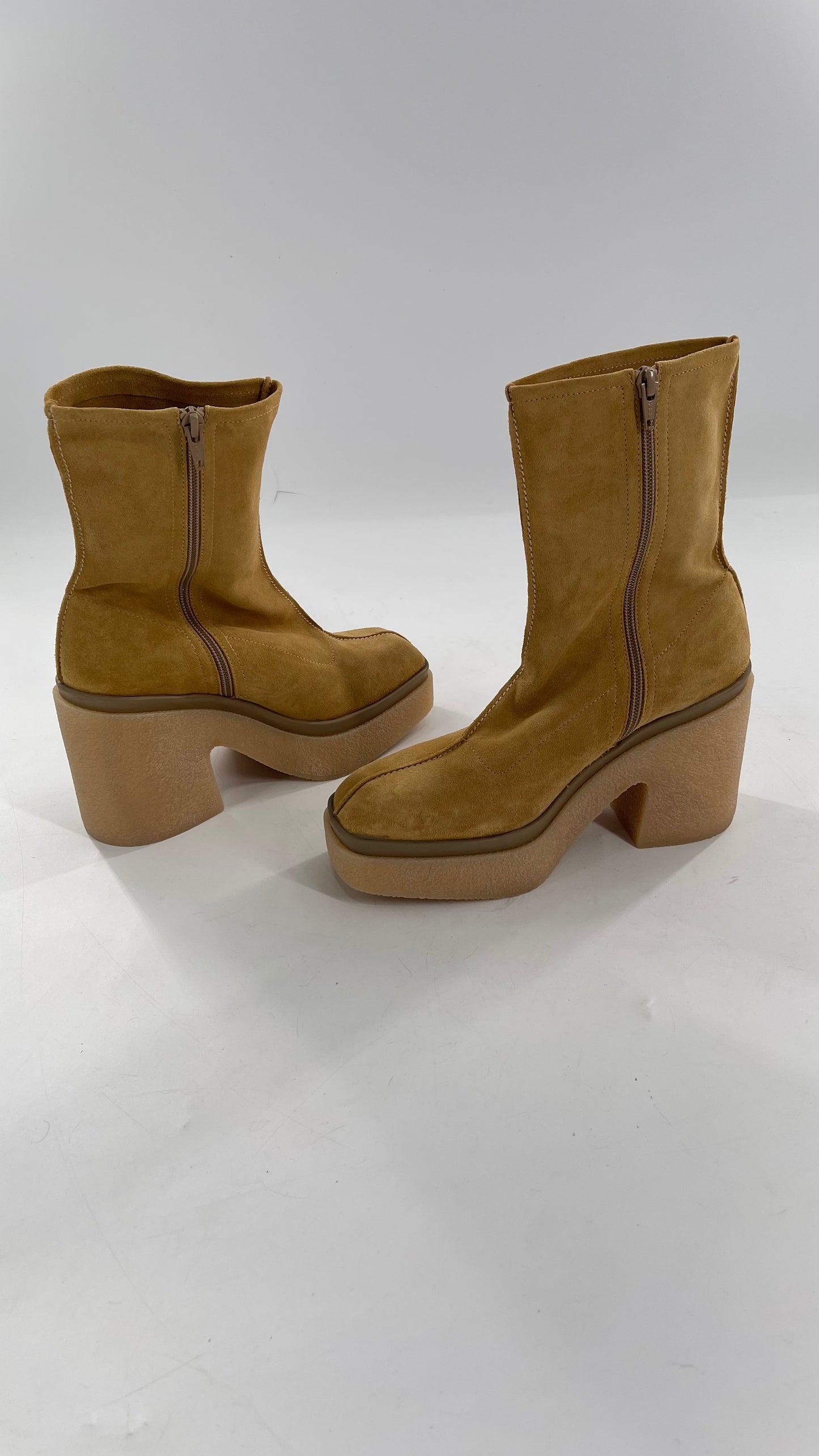 Free People Gigi Tan Suede Ankle Boots with Platform and Chunky Rubber Heel (38.5)
