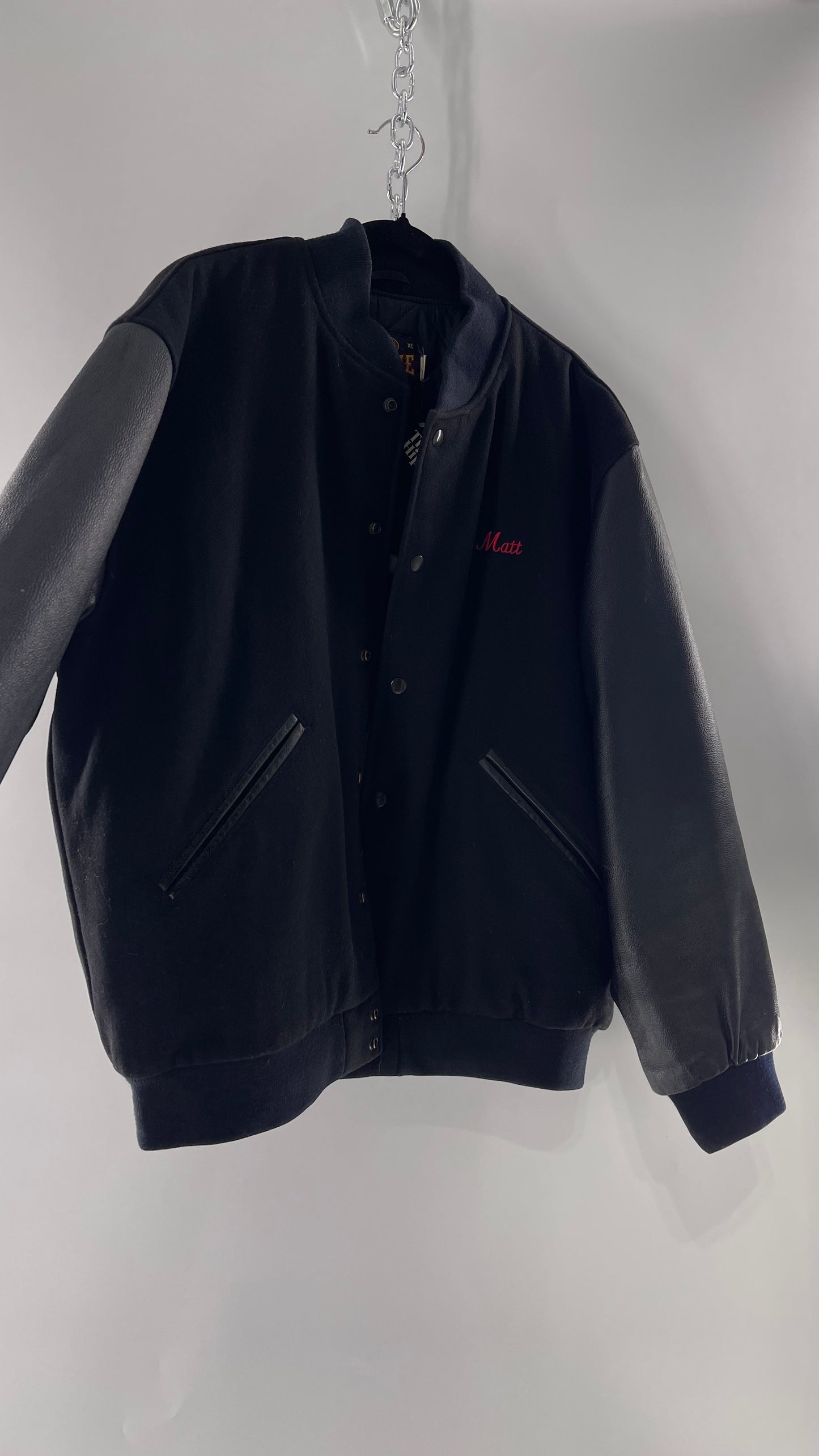 Vintage Somers Football Varsity Jacket with Leather Sleeves “Matt” Embroidery and Red Lettering (XL)