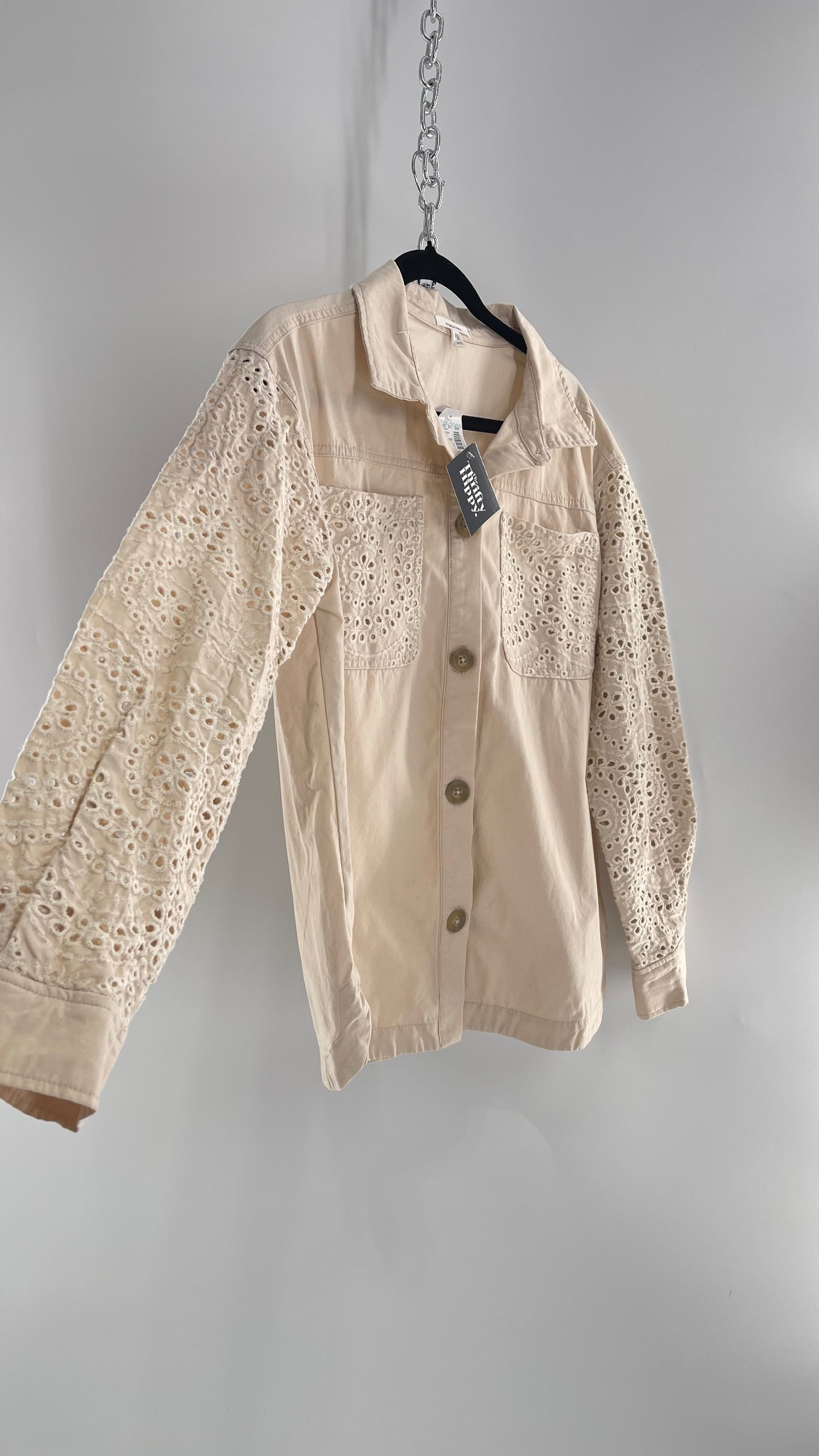 Maurices Anthropologie Beige Cotton Button Up with Eyelet Lace Sleeves and Pockets with Tags Attached (XS)