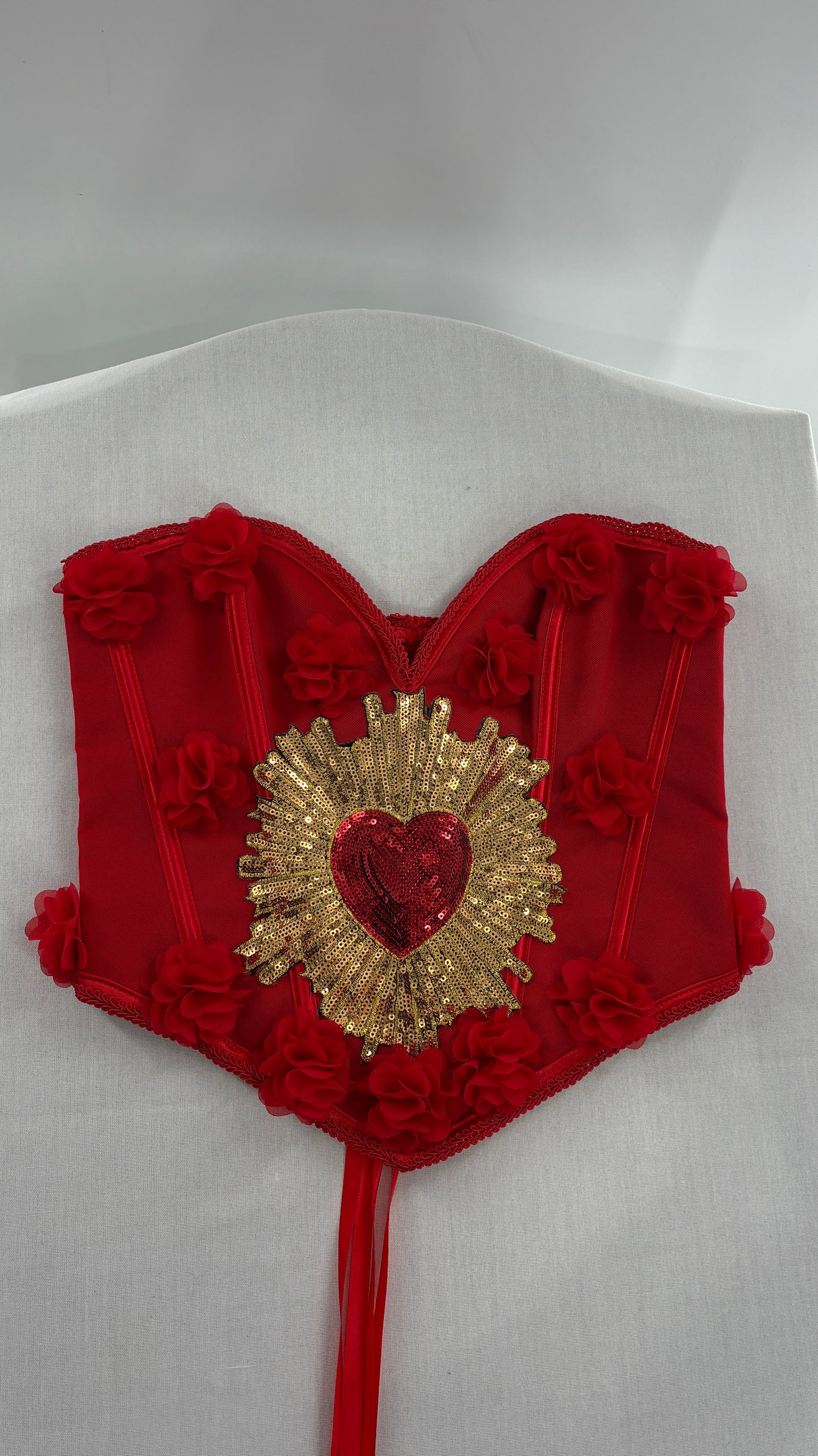 Red Handmade Corset with Rosette Appliqués and Sequin Heart Design (Small)