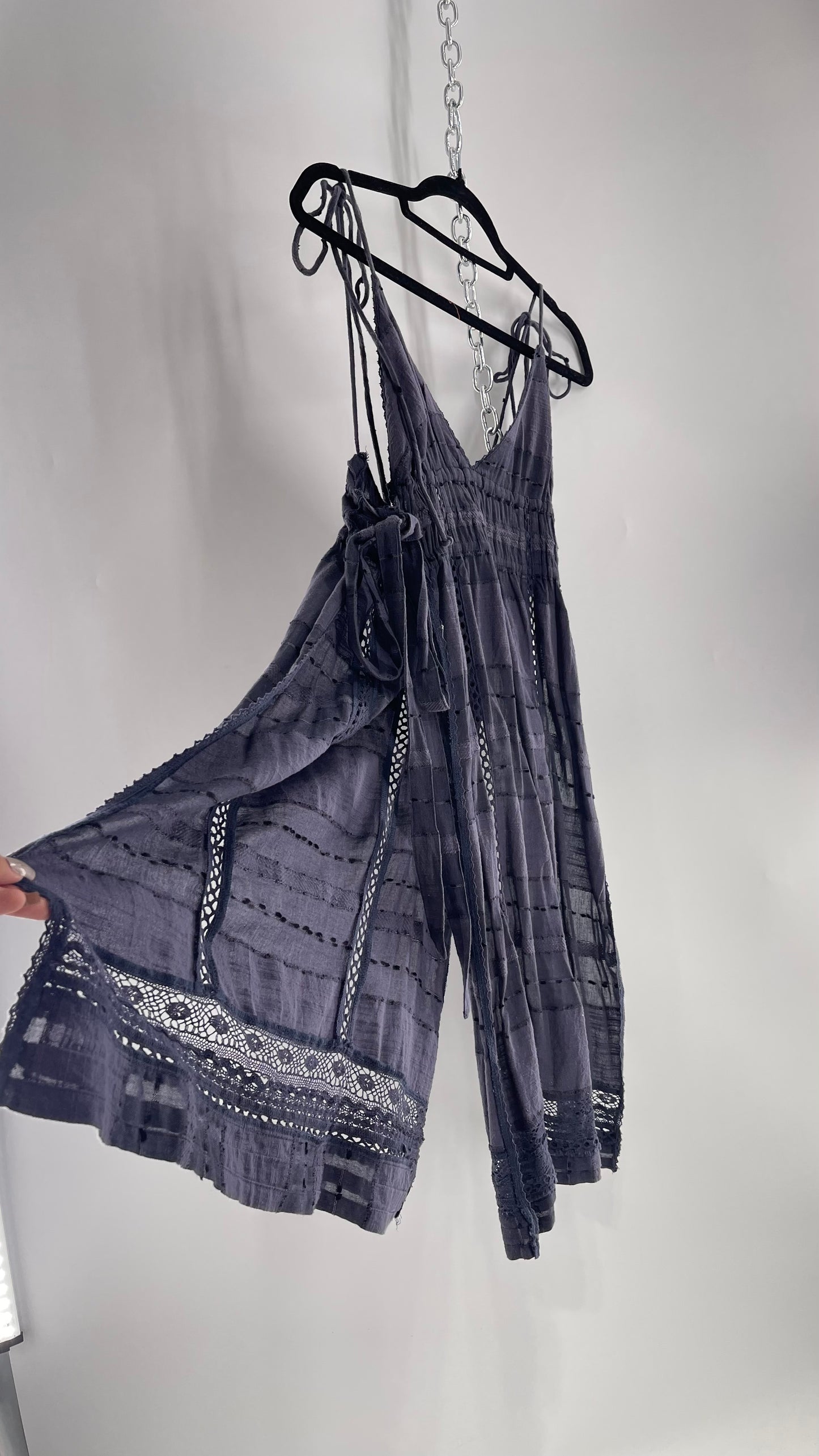 Free People Navy Blue Cotton Lace and Embroidered Open Tie Side Dress (M)
