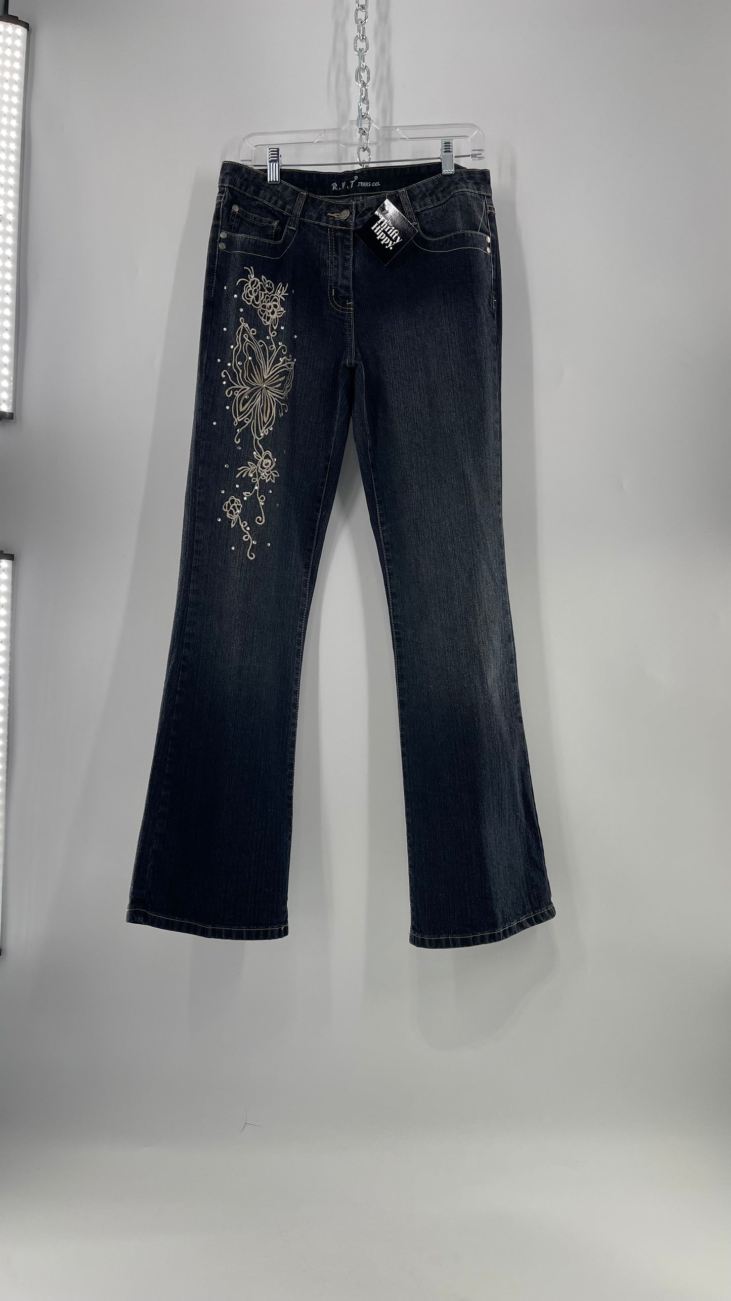 Vintage RVT Grey Kickflare Jeans with Butterfly Embroidery and Rhinestone Embellishment (9/10)