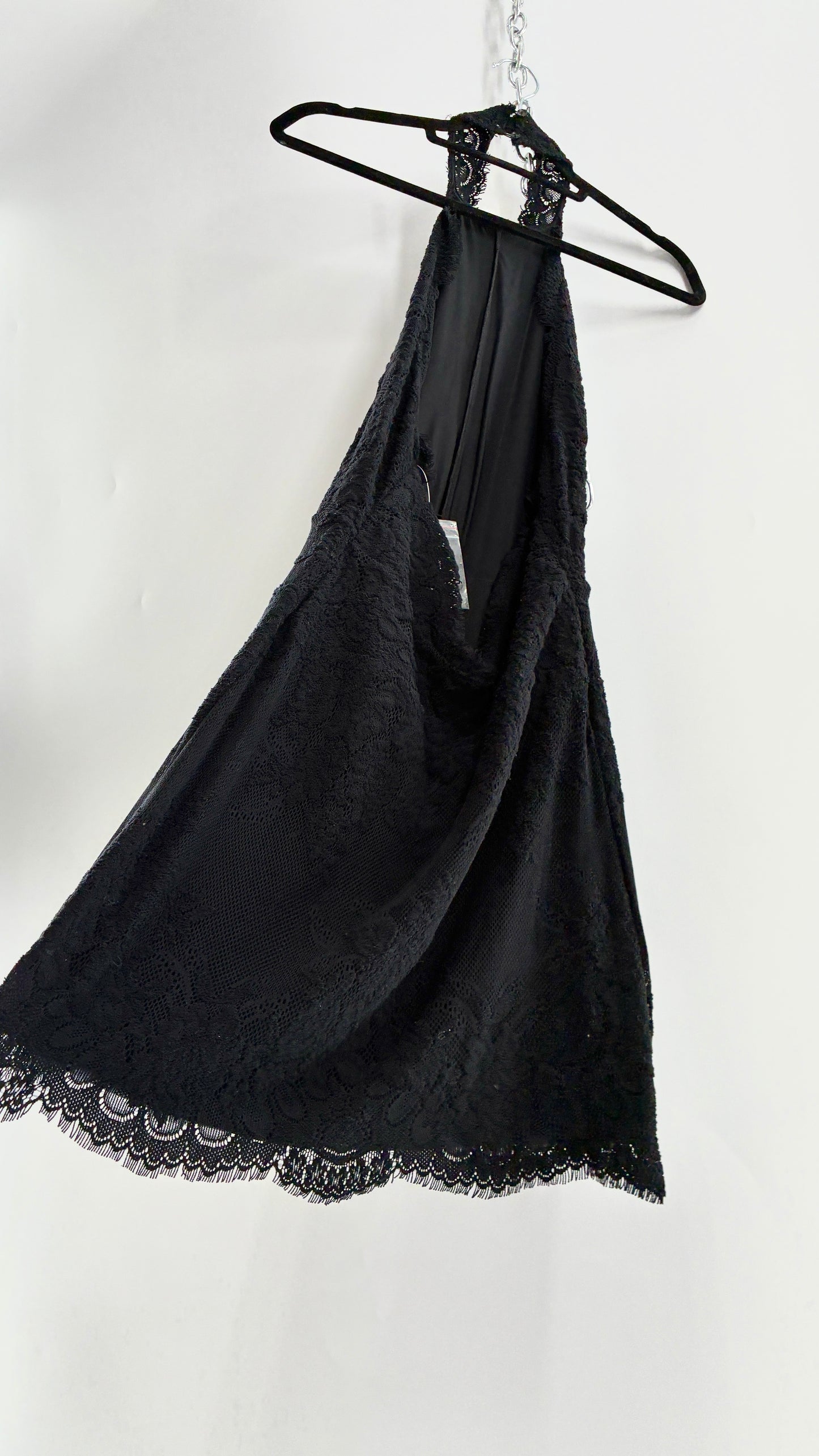 Free People Black Lace Halter Mini Dress with Open Back (Medium)