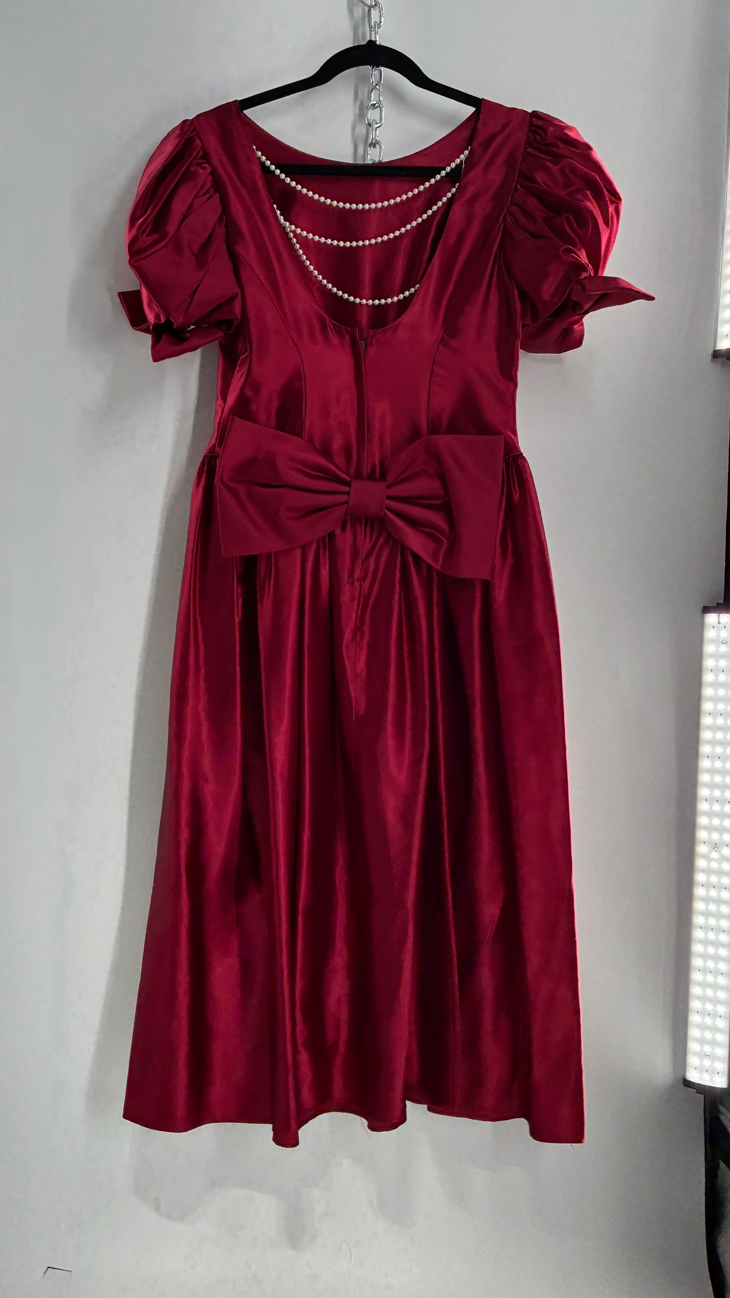 Vintage Red Silky Satin Corset Style Dress with Sweetheart Neckline, Puff Sleeves, Oversized Bow Bum, Open Back and Draping Pearls (10P)