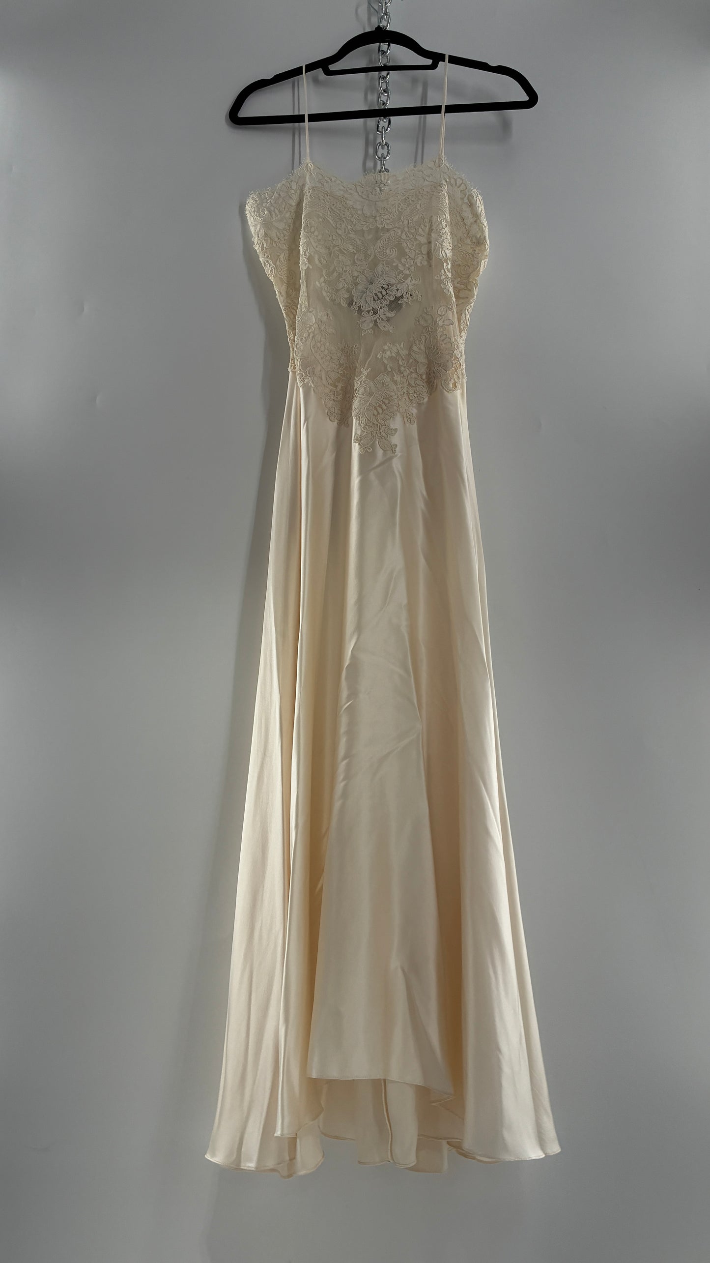 Vintage JONQUIL 100% Silk Gown with Heavy Lace Appliqués and Low Cut Sheer Back (Medium)