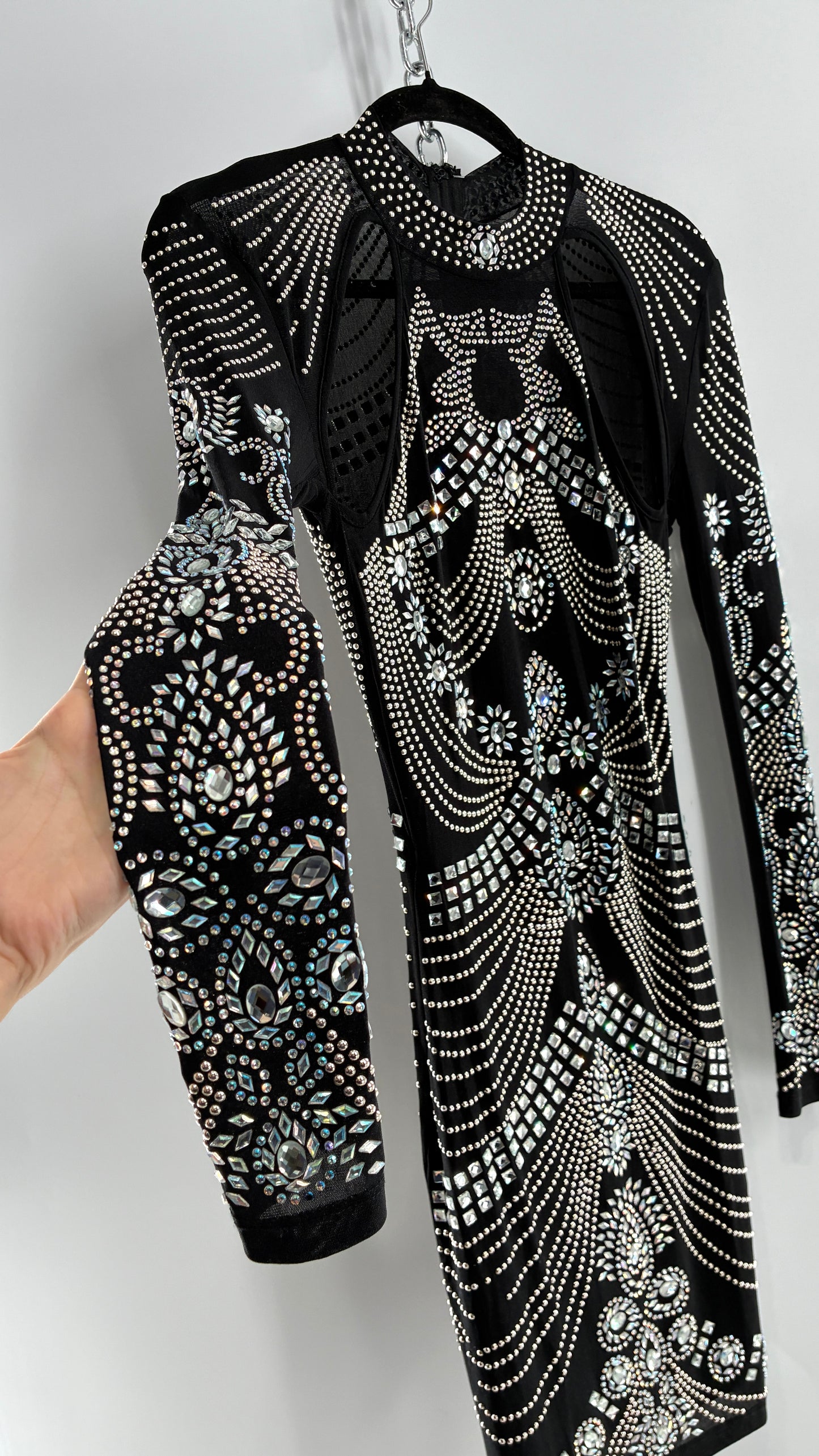 Black Bedazzled Mini Dress with Cut Out Details Covered in Gems (Small)
