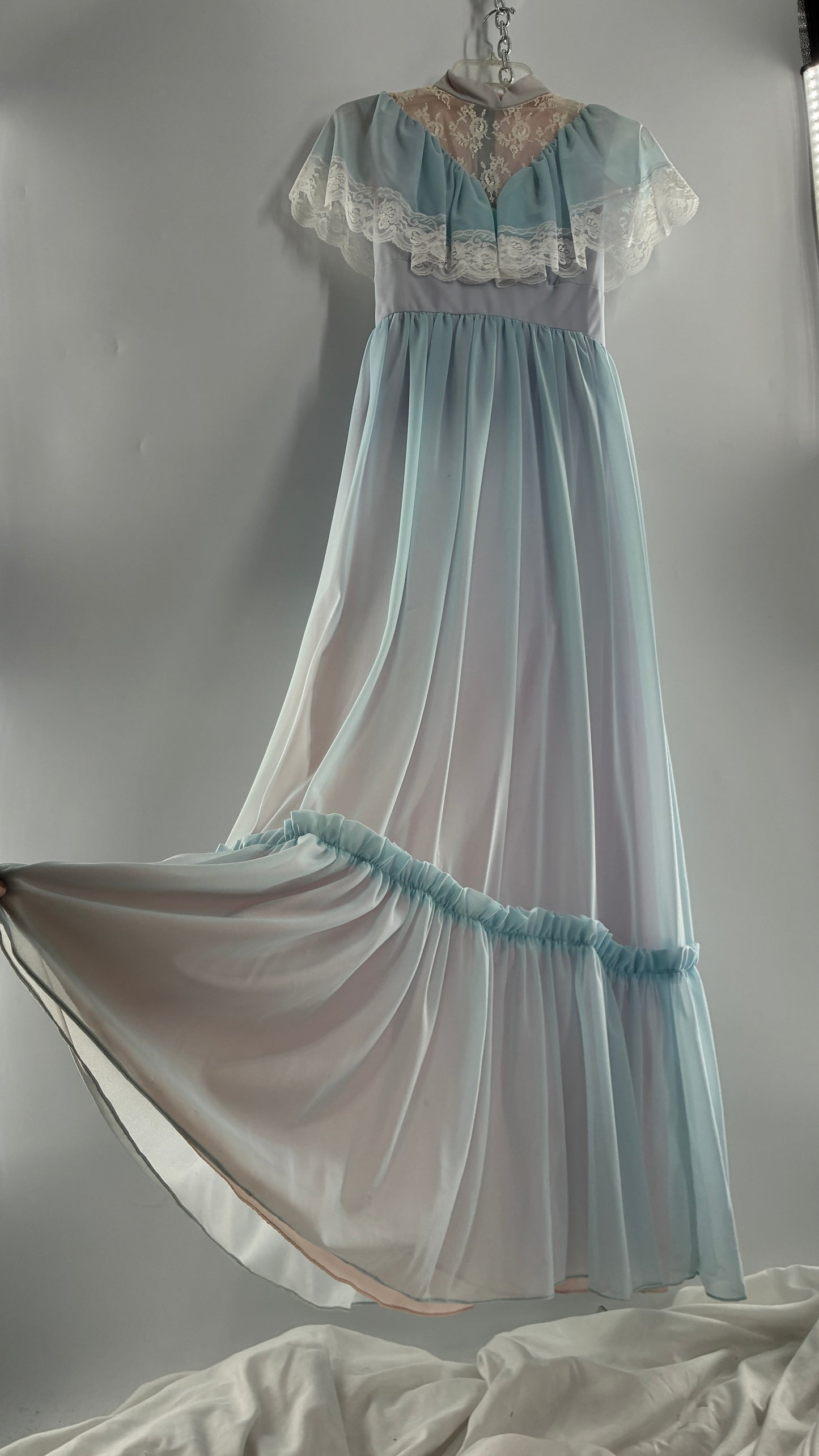 Vintage Handmade 1960s Powder Blue Overlay, Lilac Underlay Gown, Prairie Wedding Dress