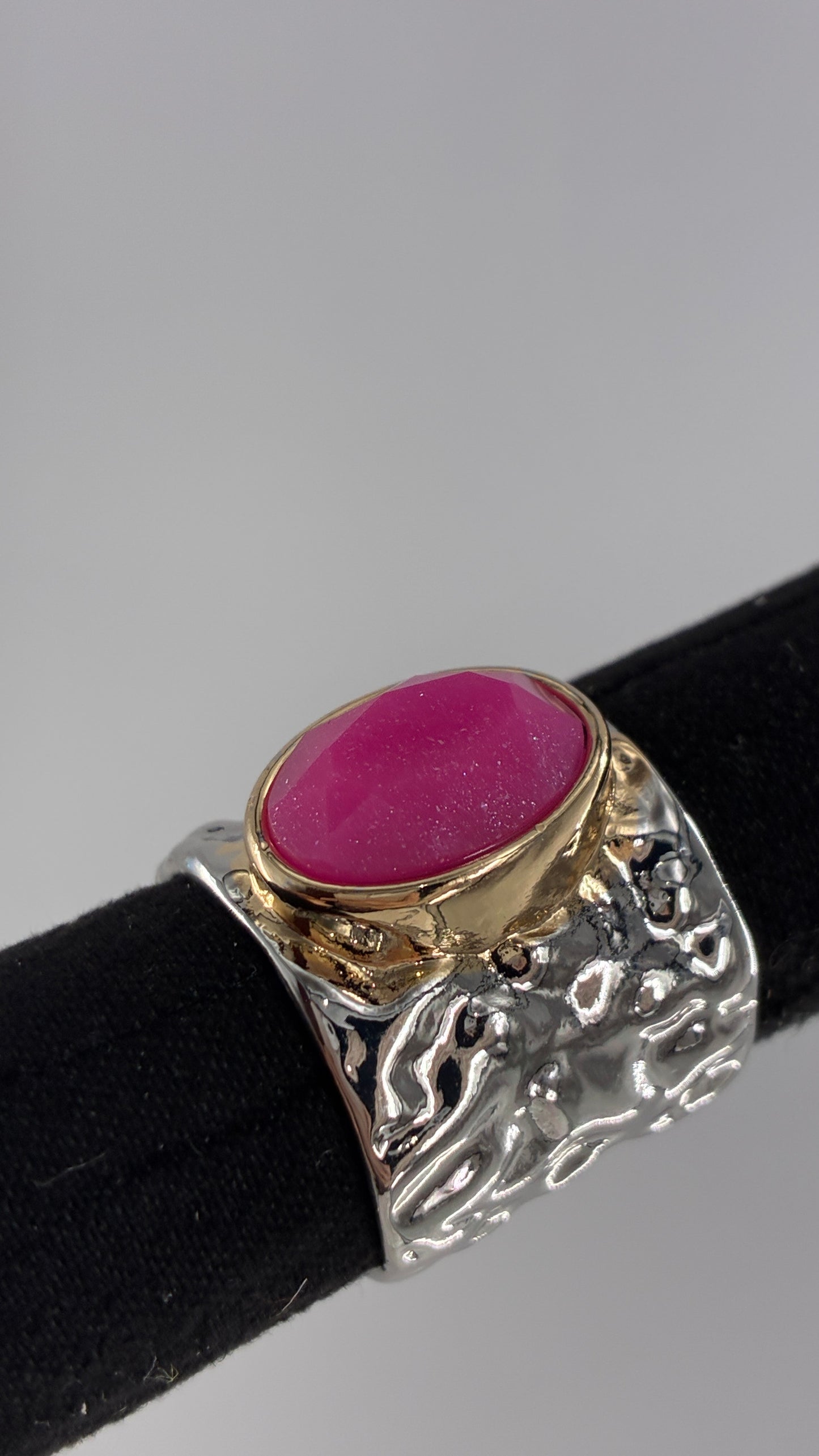 Silver Hammered Cuff Ring with Pink Gemstone