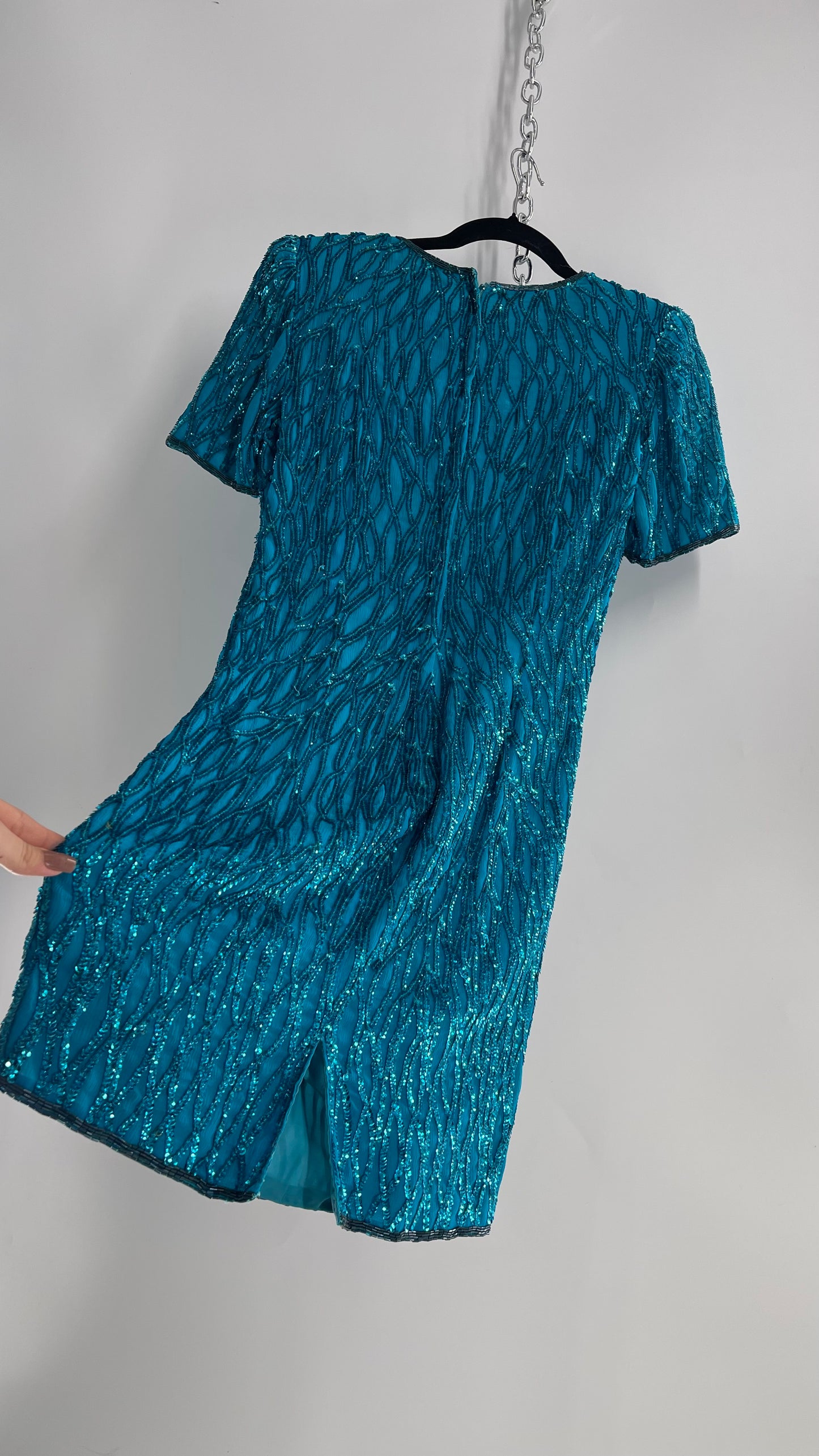 Vintage Sténay 100% Silk Bright Blue Sequin Mini Dress (4)