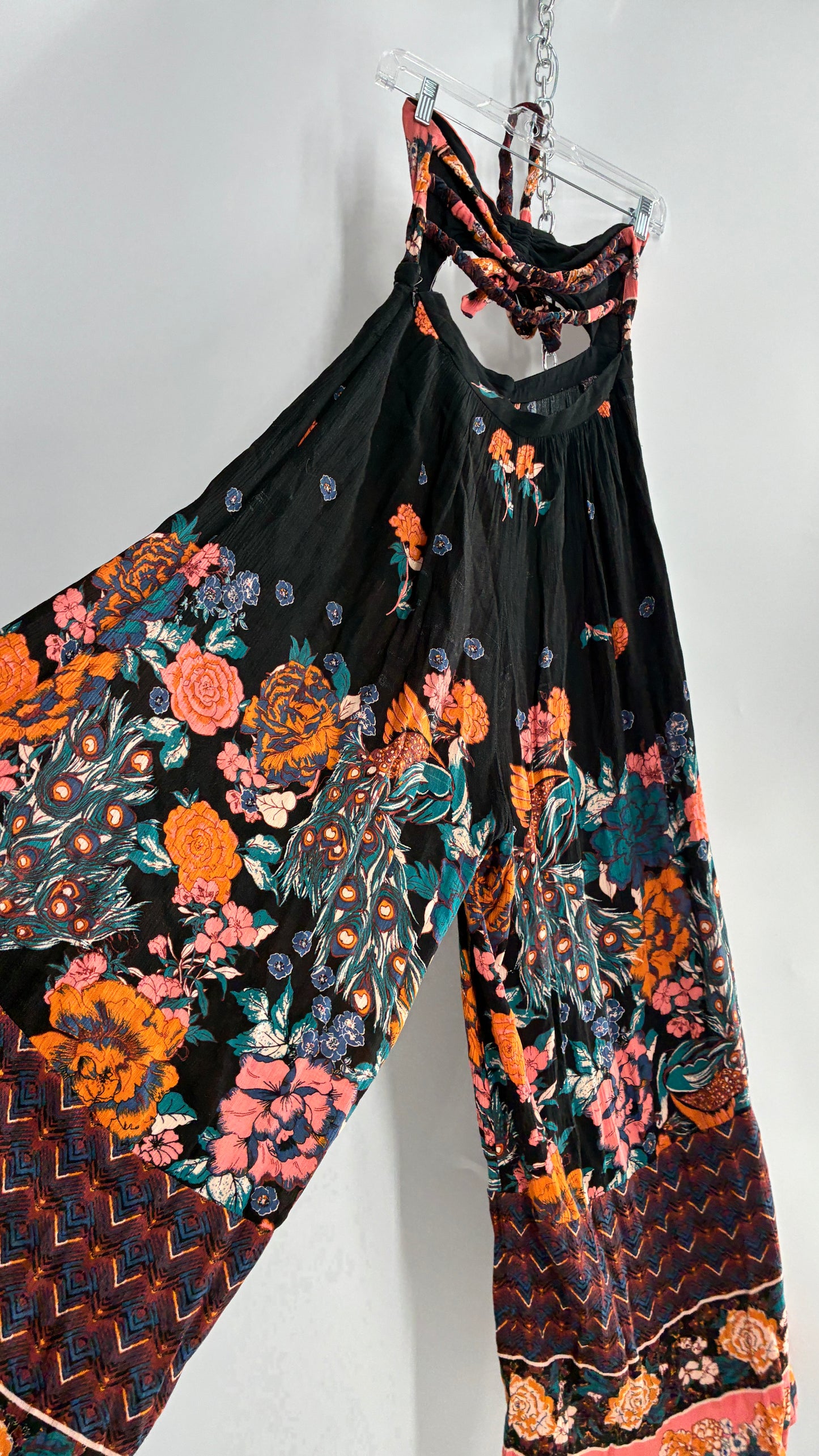 Free People Wide Leg Black Jumpsuit with Contrast Florals (Small)