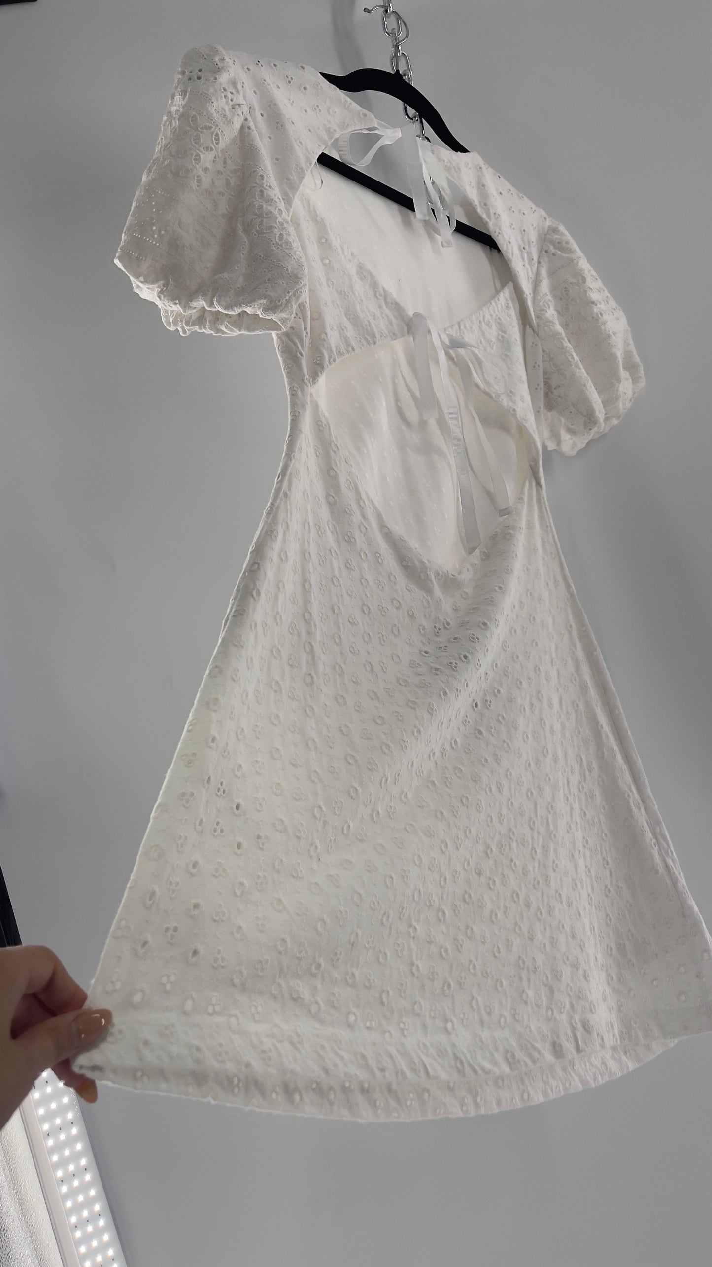 Free People White Eyelet Mini Dress with Puff Sleeve and Open Back (XS)