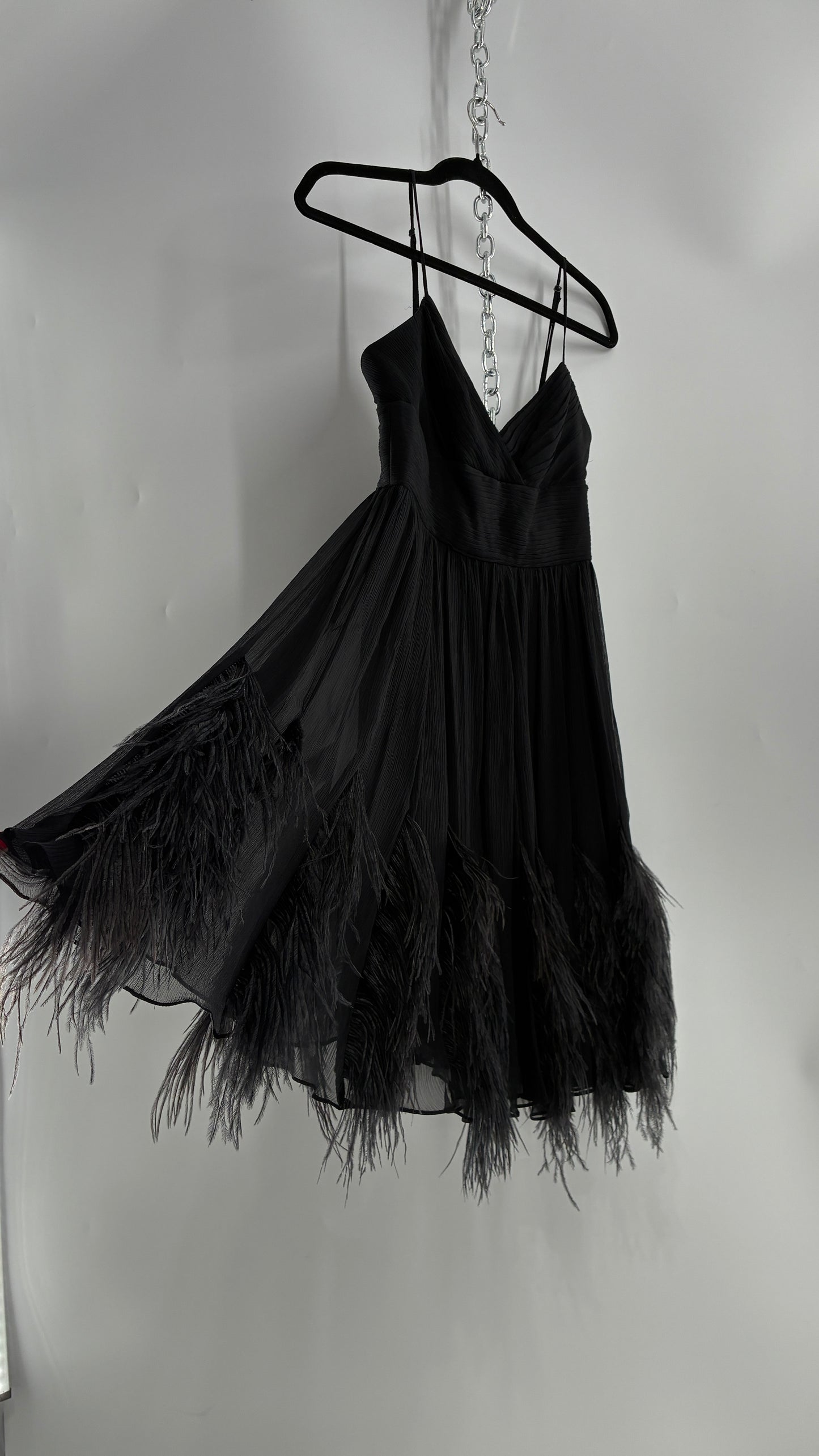 Vintage BCBGMAXAZRIA Crimped Black Dress with Ostrich Feather Details (6)