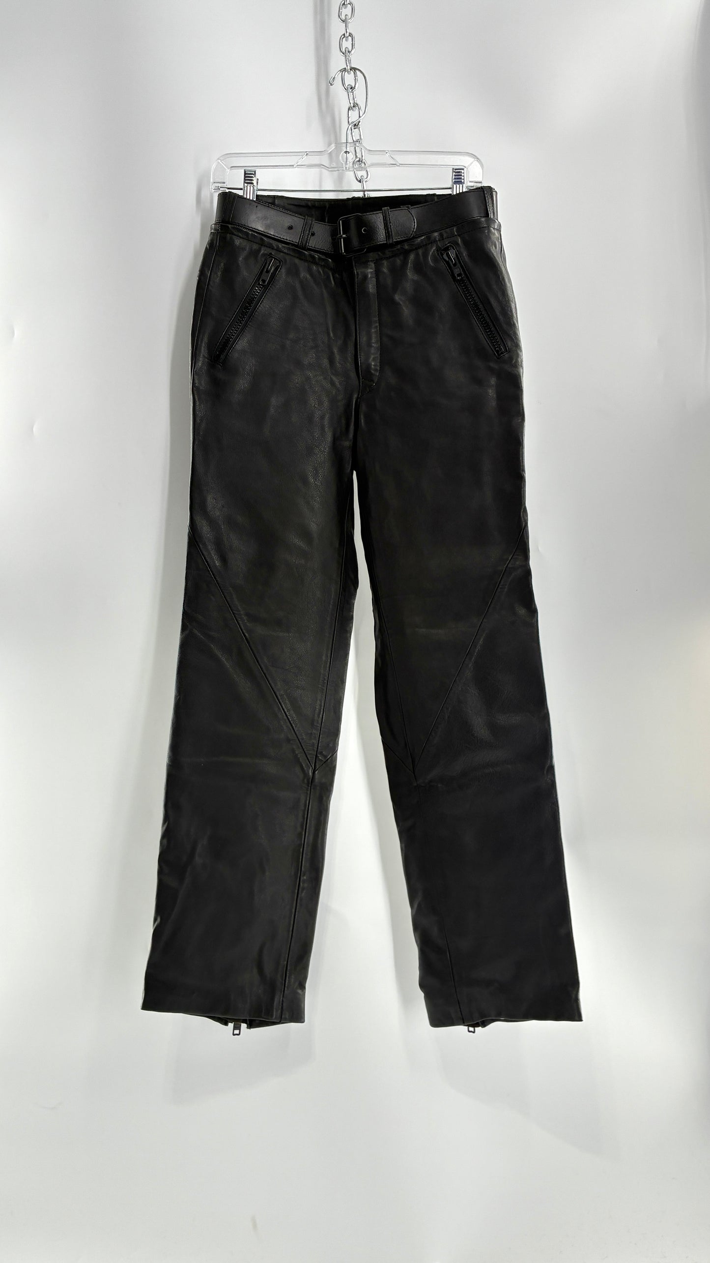 Vintage Black Italian Leather Motorcycyle Pants with Built In Belt and Zipper Detailing (XS)