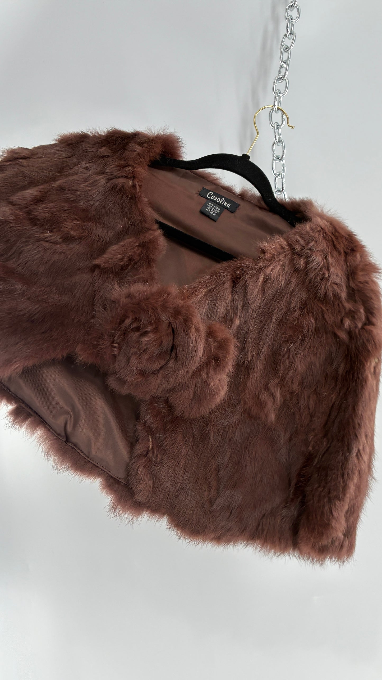 Vintage CAROLINE 100% Rabbit Fur Brown Shrug Cape with Oversized Round Buckle (One Size)