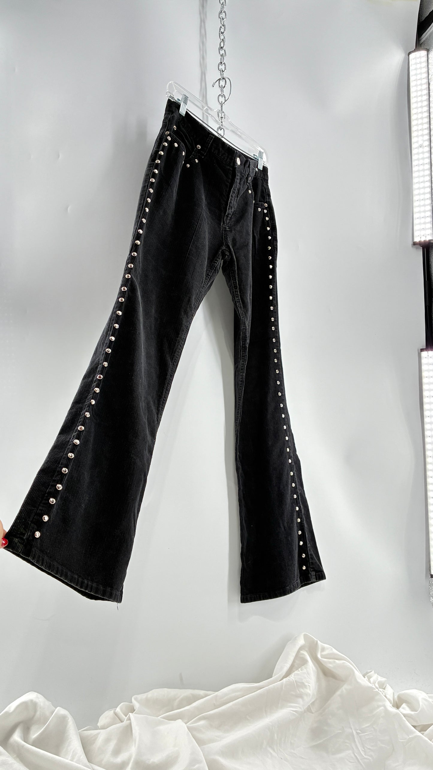 Vintage THE BLUES Grey Corduroy Side Studded Kick Flares (8)
