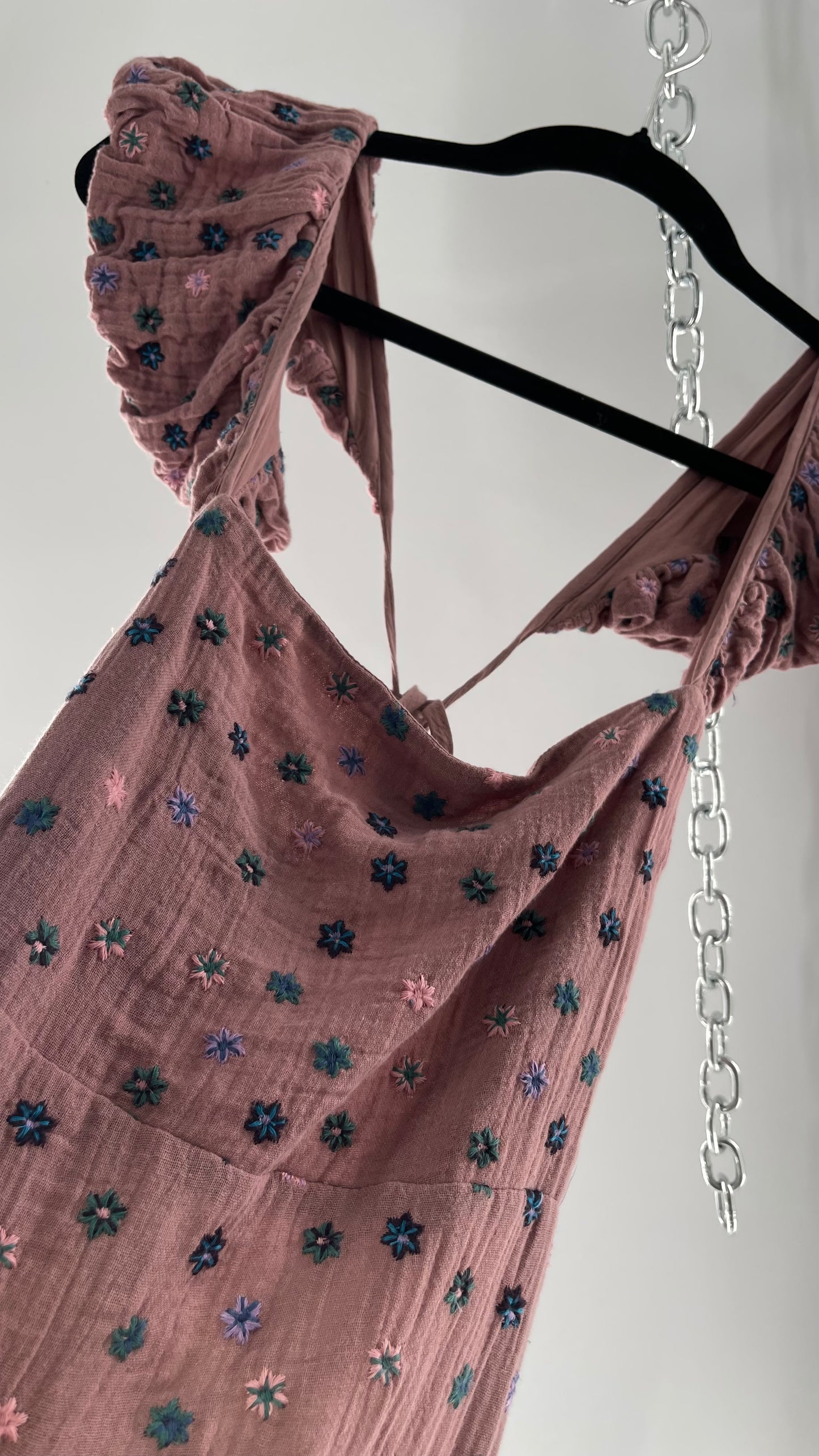 Free People Dusty Pink Embroidered Flowers Backless Mini Dress (Small)