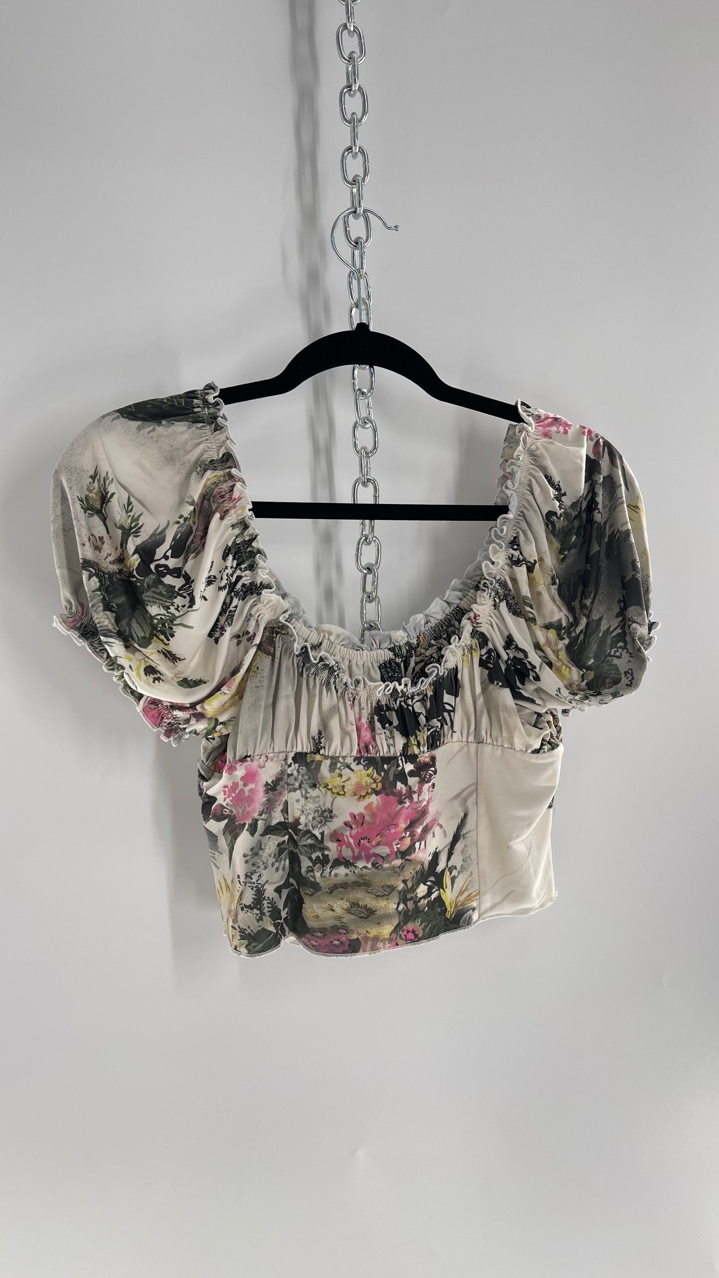 Urban Outfitters Slinky Vintage Inspired Graphic Florals and Milkmaid Style Top (Large)