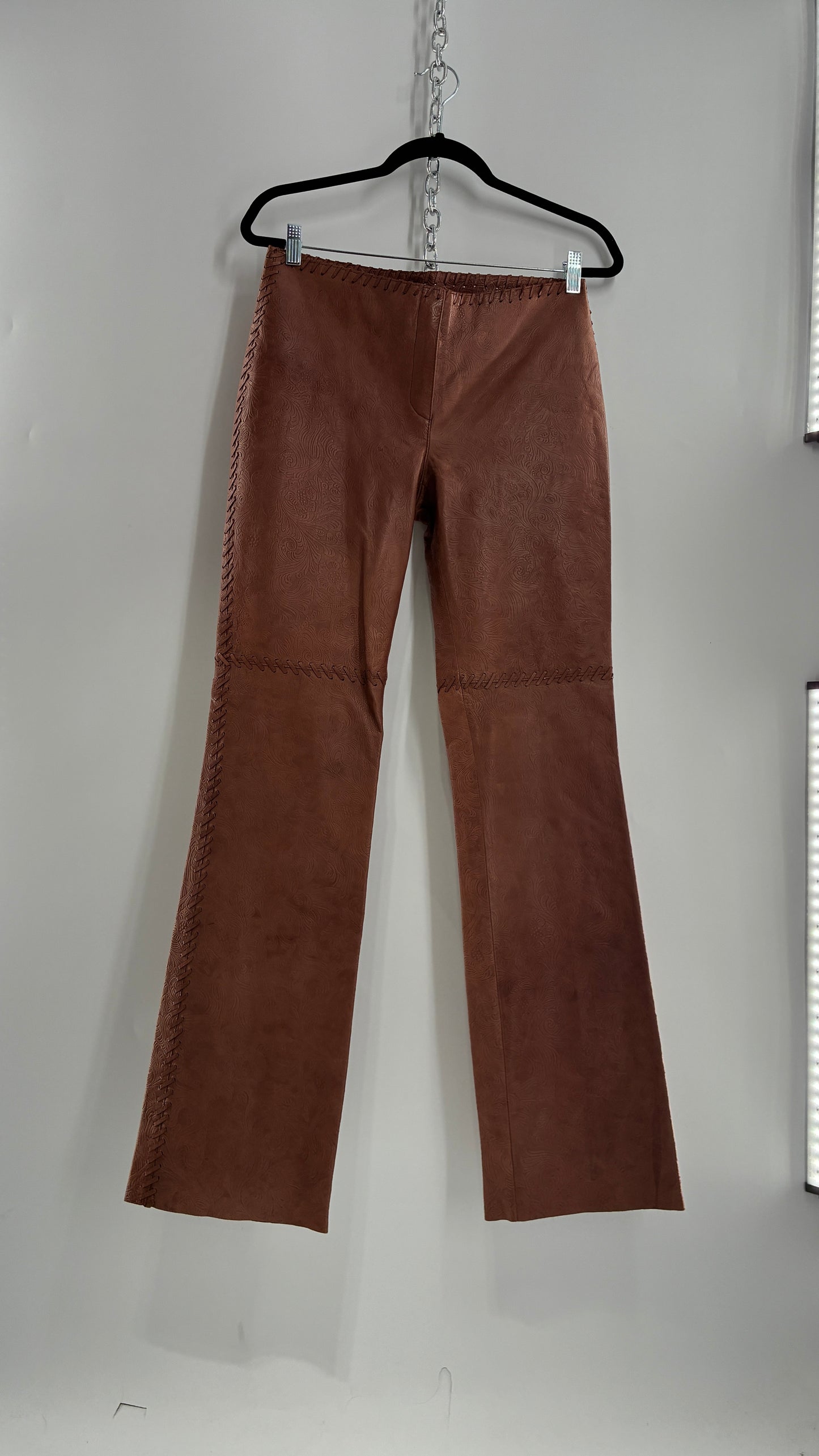 Vintage Embossed Paisley Patterned Genuine Leather Pants with Stitching Details (No Label Unbranded, S)