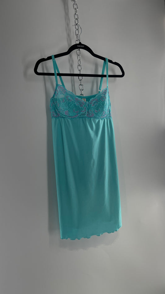 Vintage Baby Blue Balconette Mini Dress with Lace Cups and Purple Details (Large)