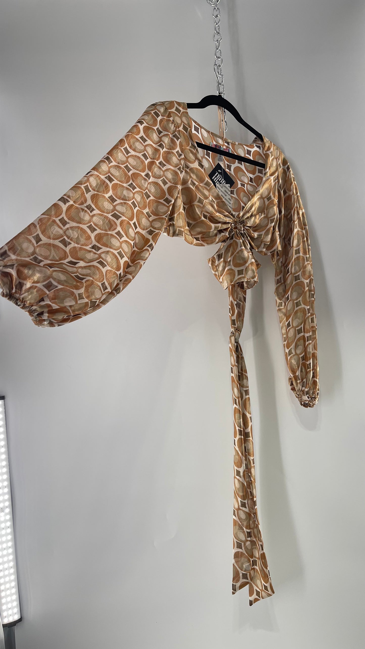 Urban Outfitters Shimmer Top Balloon Sleeve Gold Retro Print Cut Out Tie Around Blouse (Medium)