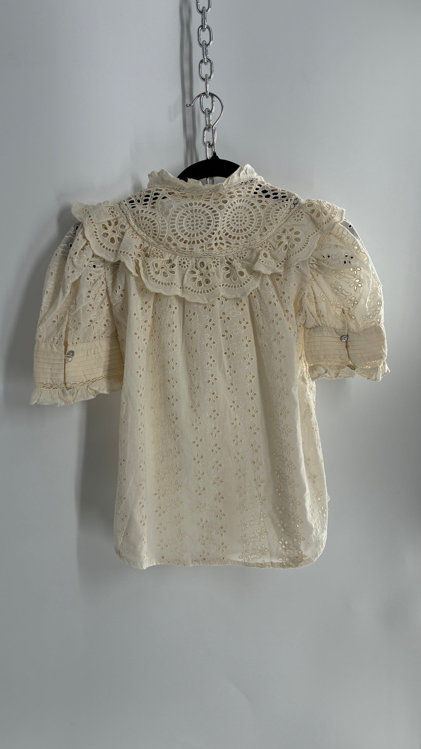 Love the Label Off White Button Front Puff Sleeve, Lace Eyelet Blouse (XS)
