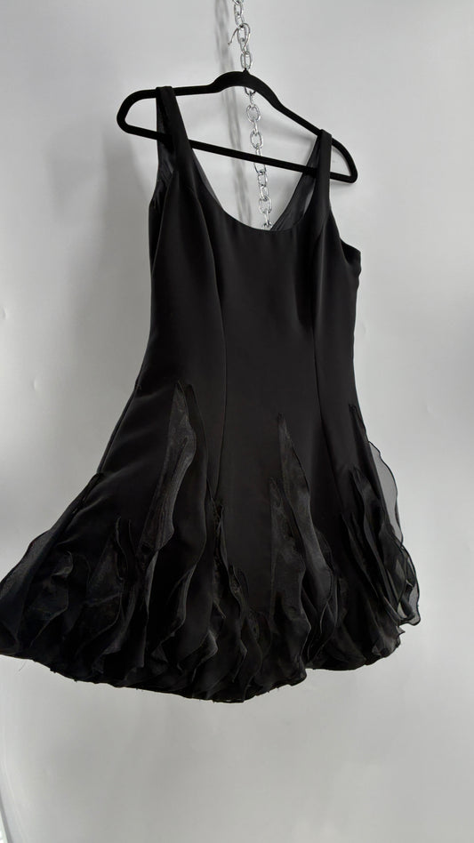 Vintage JS BOUTIQUE Black Structured Petite Mini Dress with Ruffled Hem (10P)