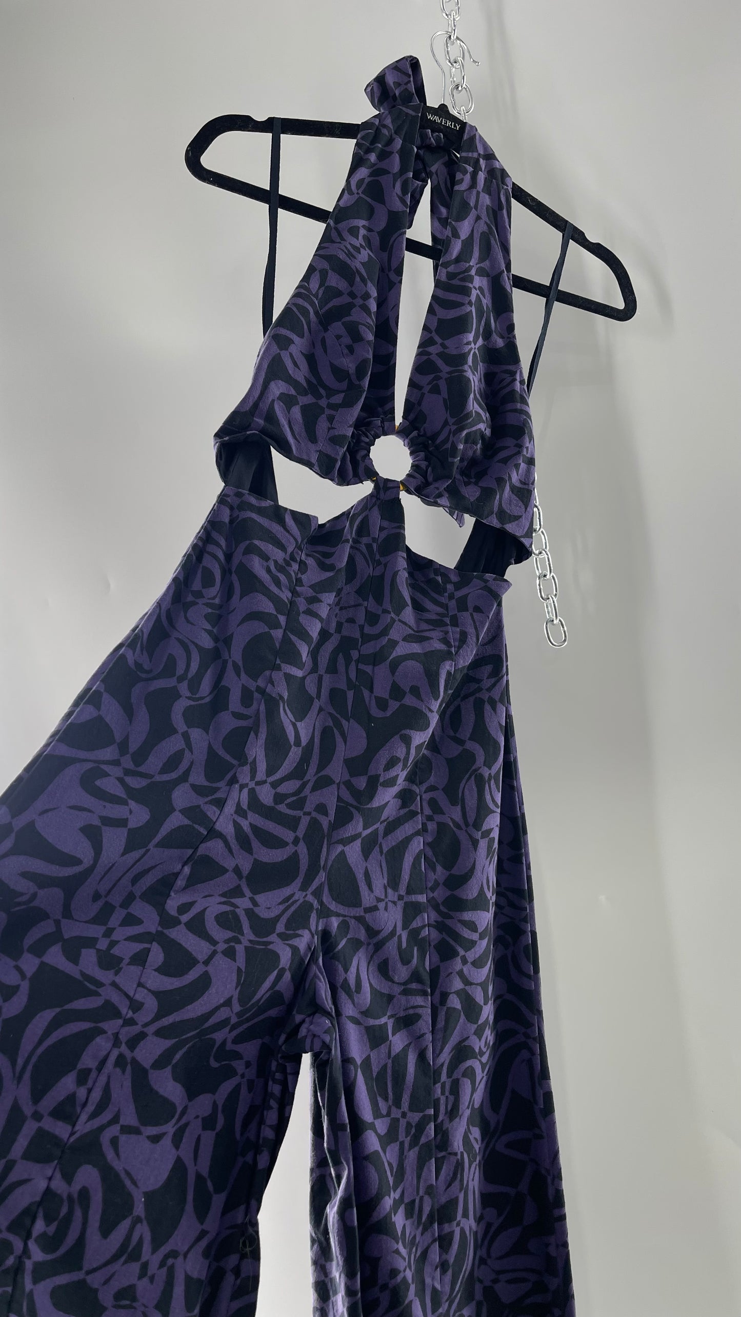 Free People Kira Retro Black and Purple Wide Leg Halter Jumpsuit with Tortoise Bust Loop (XS)
