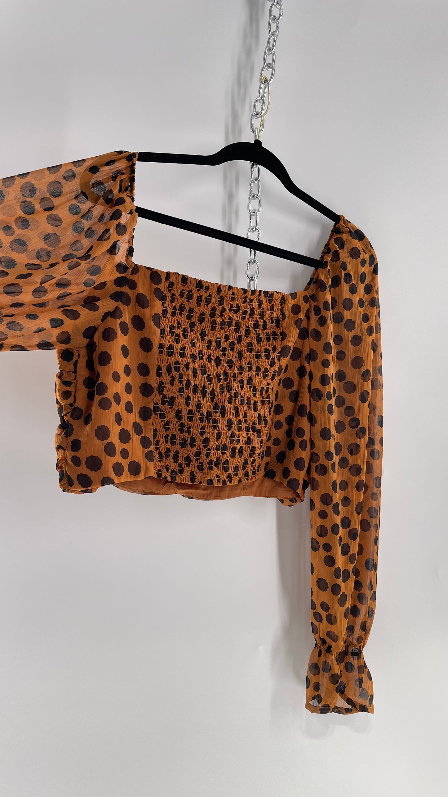 Free People Brown Black Animal Print Blouse with Ruched Bodice and Tags Attached (Large)