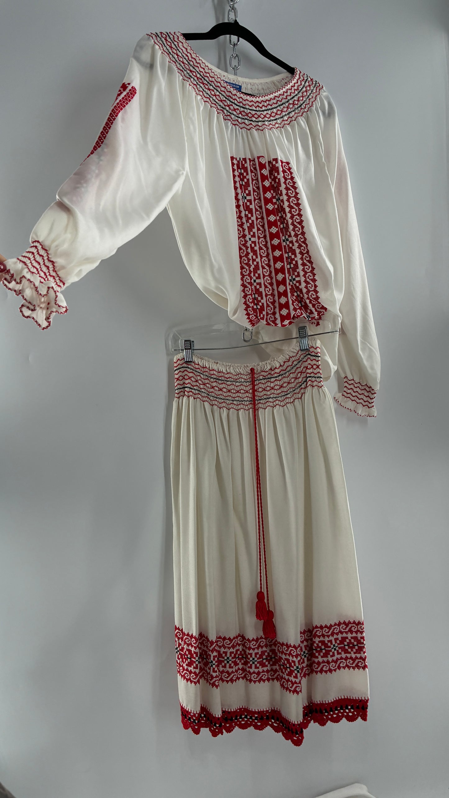 Vintage 1970s LUX FOLKLOR Budapest Handmade Cotton Long Sleeve and Skirt Covered in Red Embroidery and Stitching
