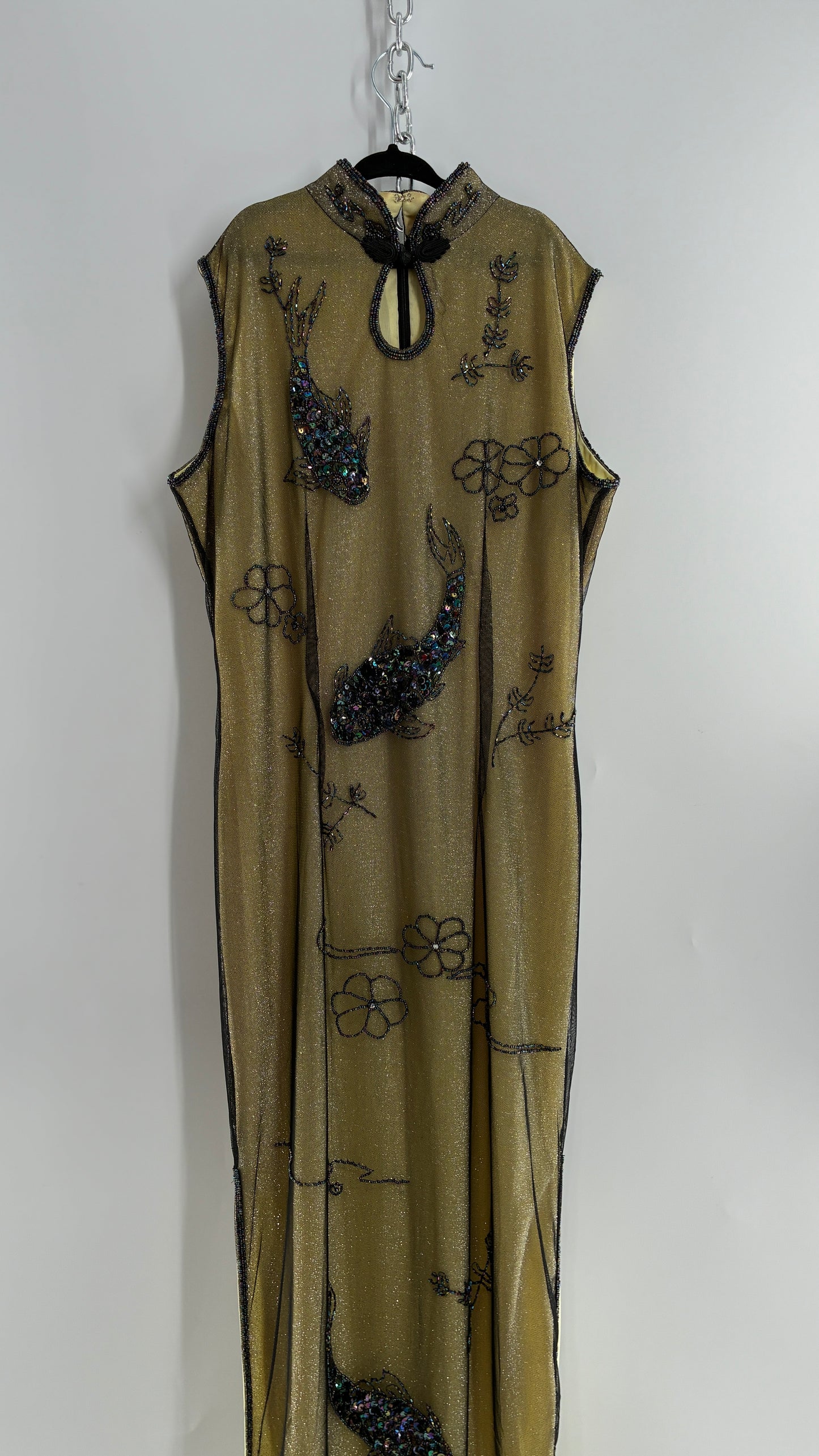 Vintage 1990s One of a Kind Handmade, Green Gown with Beaded Koi Fish, Metallic Tulle Overlay, and Symmetric Back (Medium)