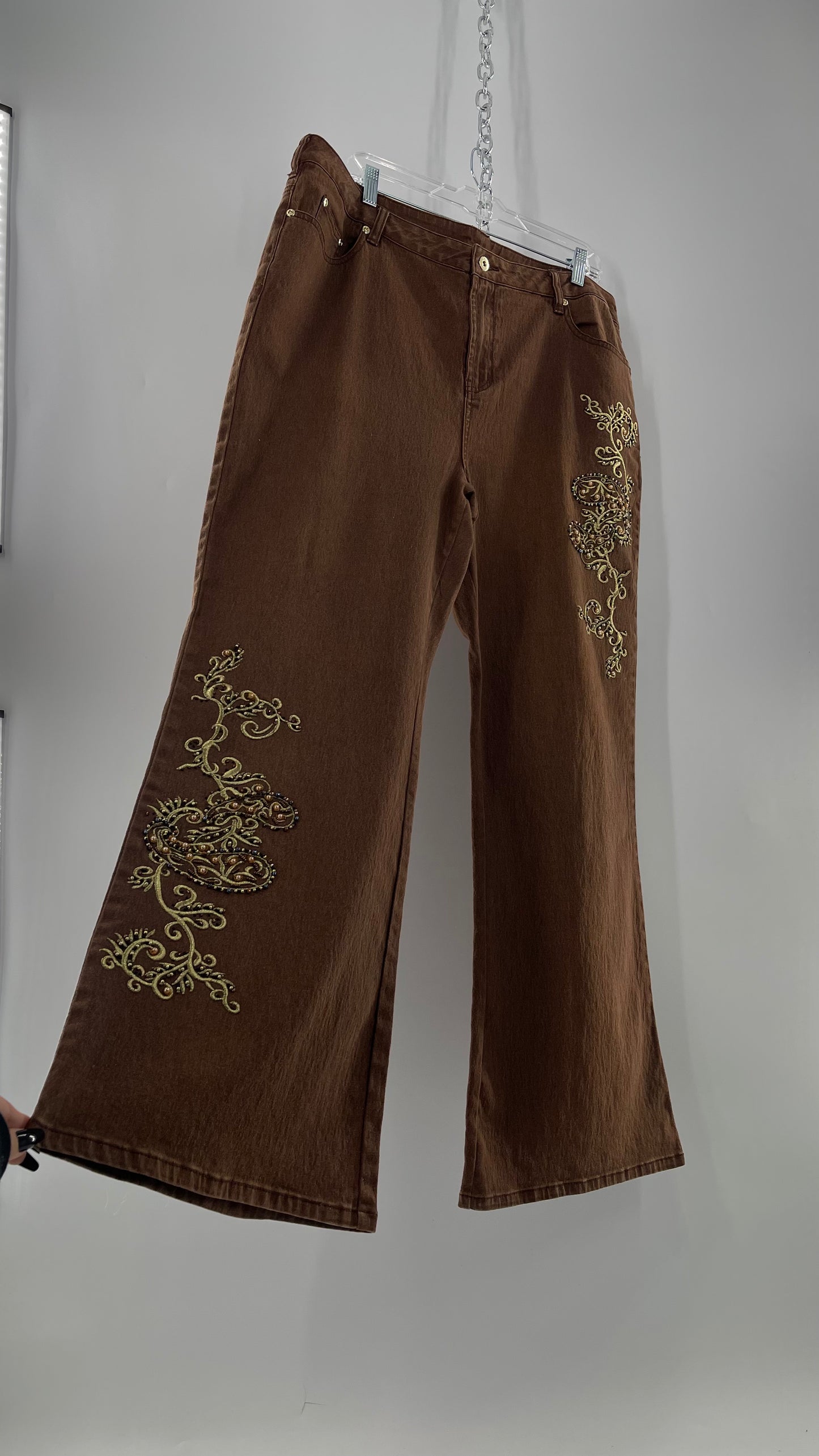 Vintage Midnight Velvet Embroidered + Beaded Brown Flares (18W)