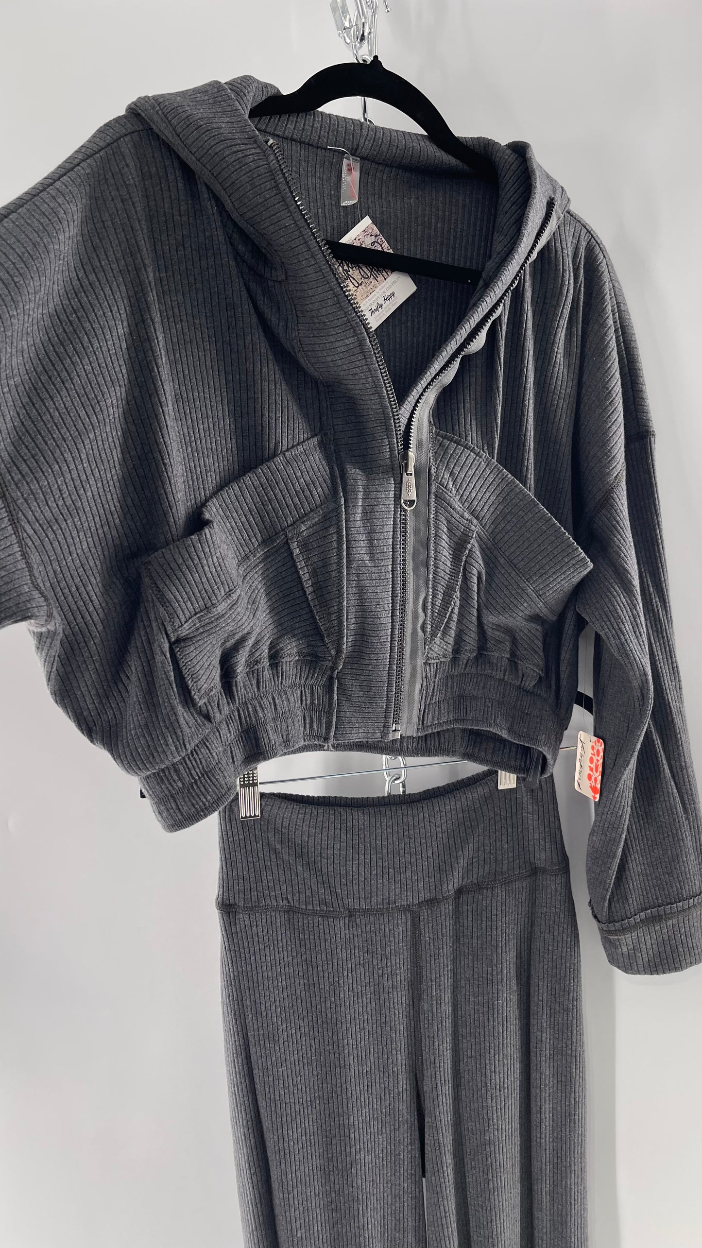 Free People Charcoal Slate Gray 2 Piece Set with Cropped Hoodie and Jogger Sweats with Tags Attached (XS)