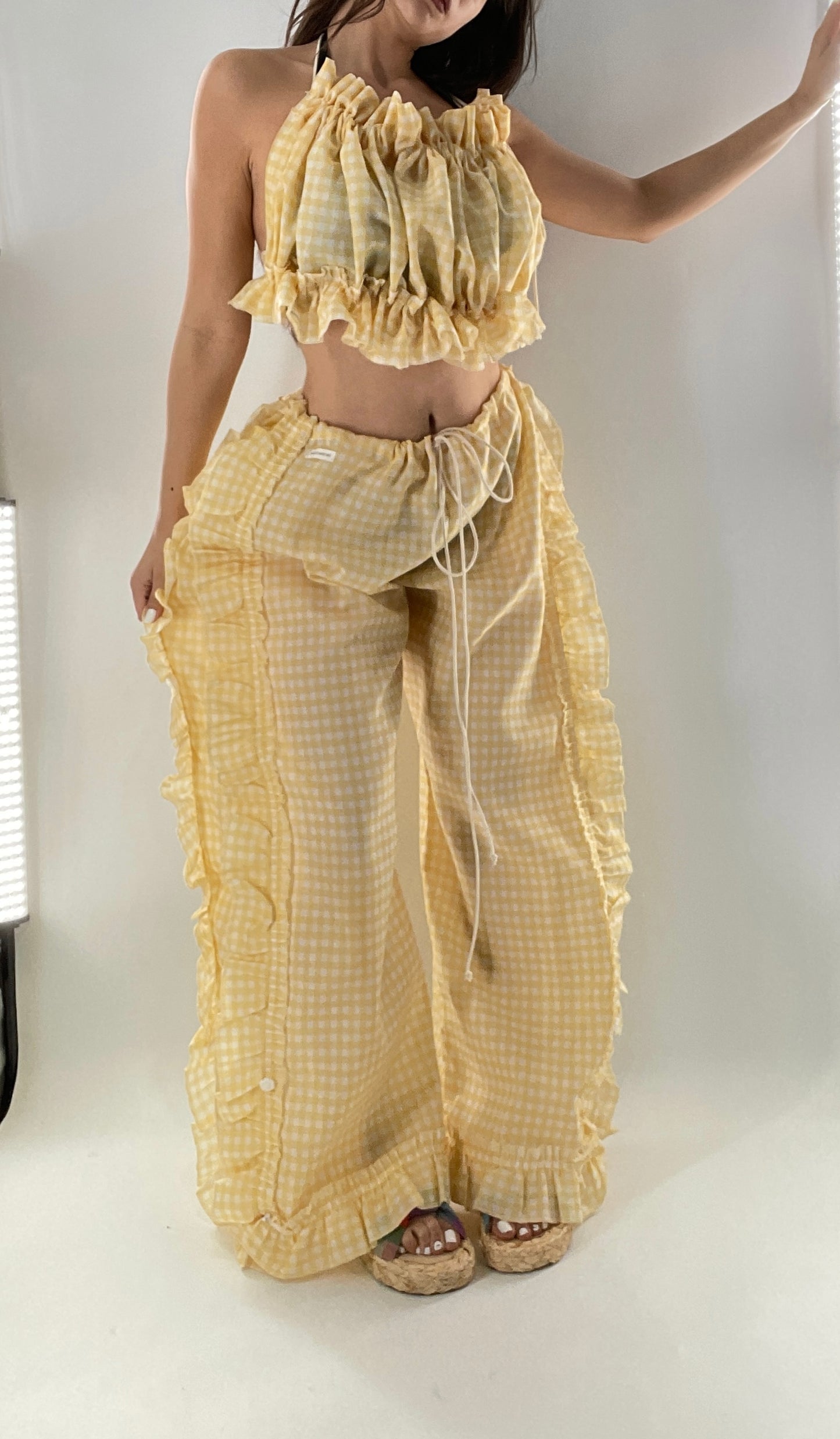 Vintage 2 Piece Yellow Checkered/Gingham Patterned Picnic Set with Ruched Bust Top and Ruffle Side Wide Legs with Adjustable Length, Strap Up Buttons on Hem (One Size)